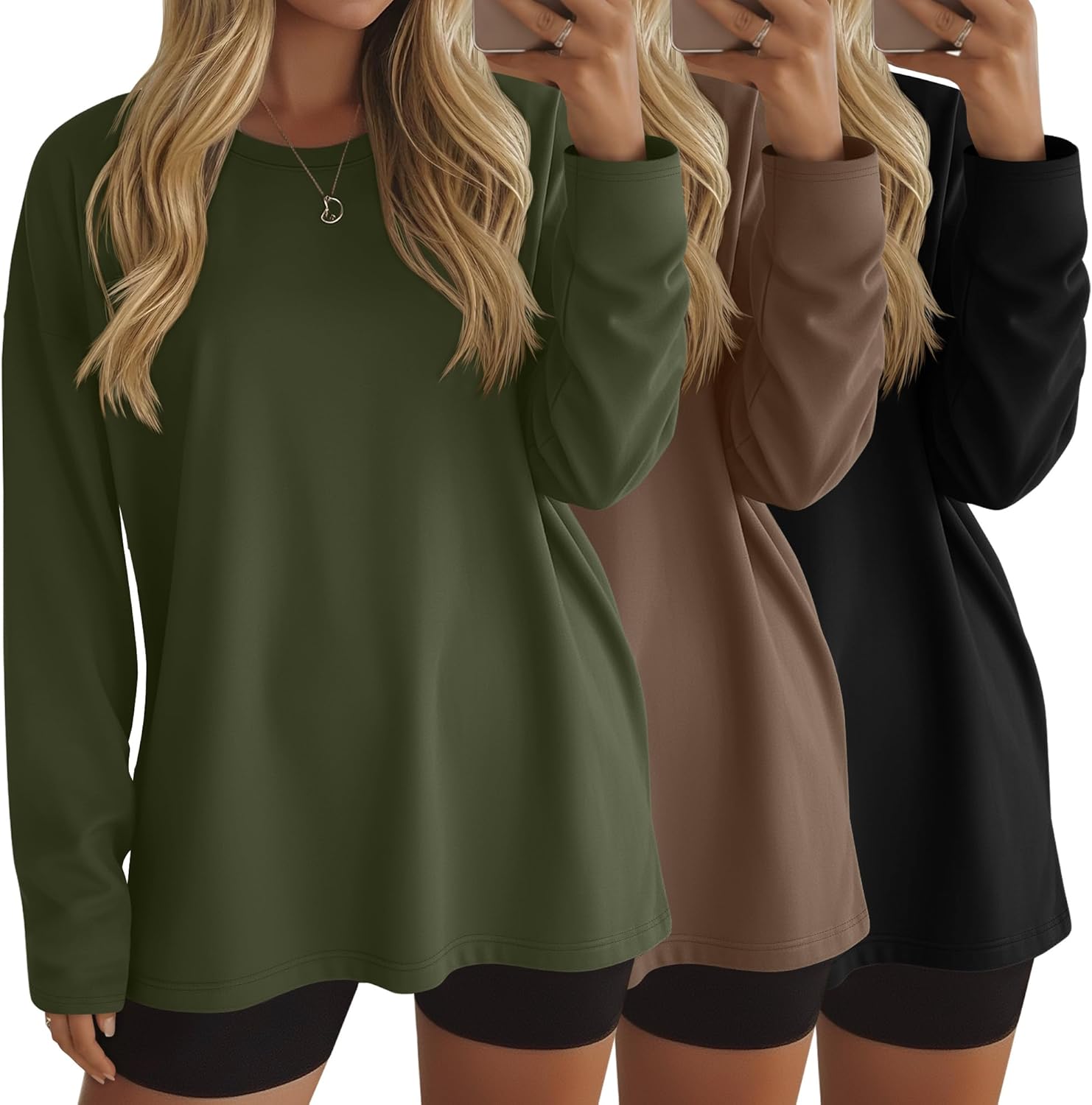 Ficerd 3 Pack Women's Oversized Long Sleeve Shirts Cotton Gym Round Neck Tops Loose Fit Casual Workout Baggy Fall Basic Tee