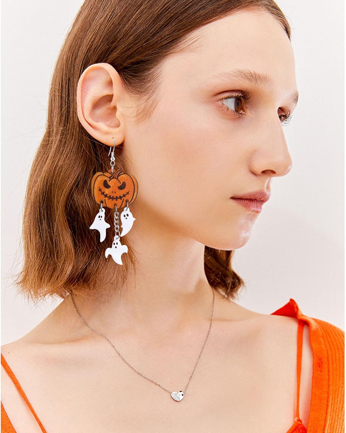 Handmade Wooden Asymmetry Pumpkin Ghost Dangle Drop Earrings Unique Skull Witch Hat Hook Earrings For Women - Image 2