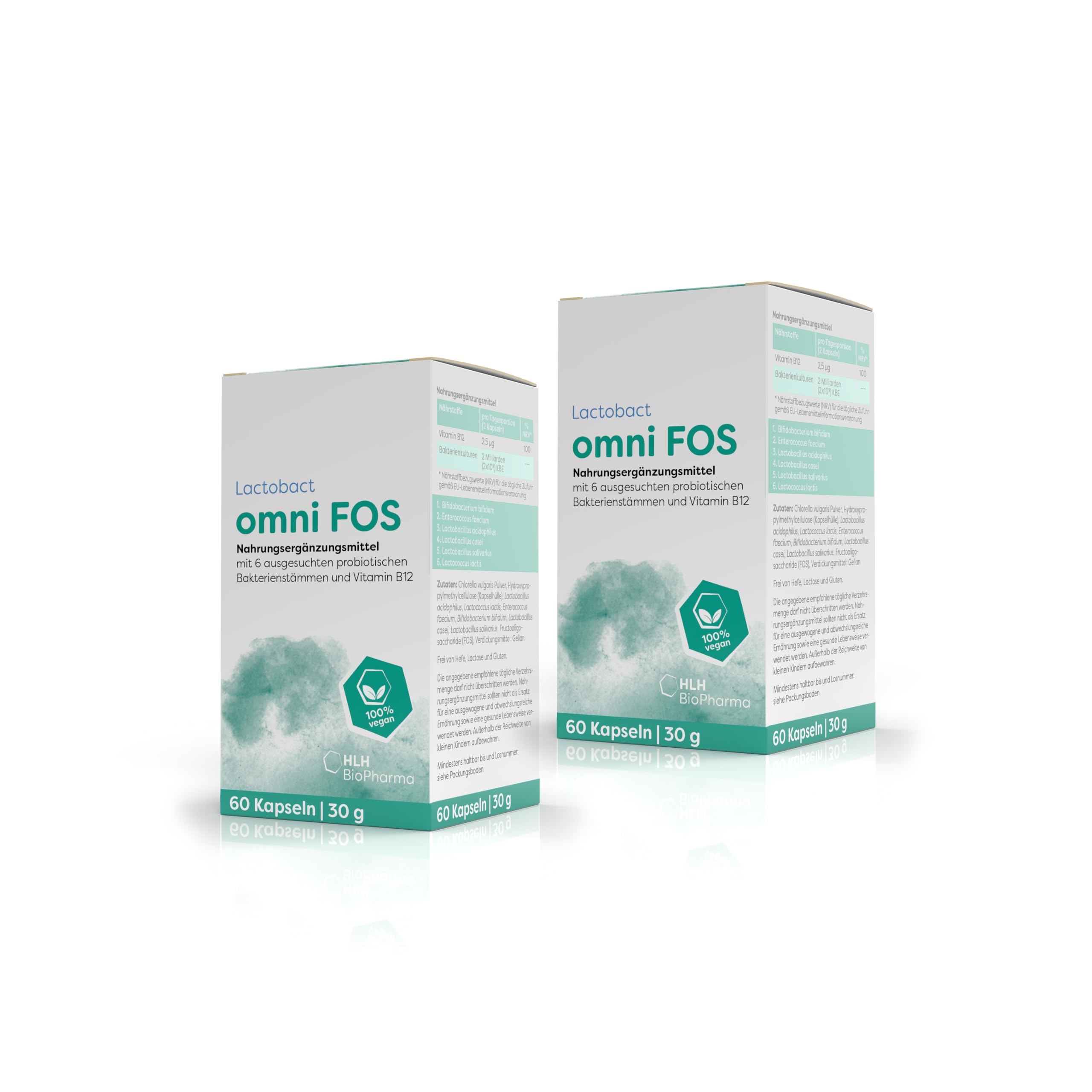 Lactobact omni FOS, 2 x 60 Kapseln Sparset – 6 biologisch aktive Bakterienstämme & Vitamin B12 aus der Mikroalge Chlorella vulgaris für Energie*, Nerven* und die geistige Funktion*