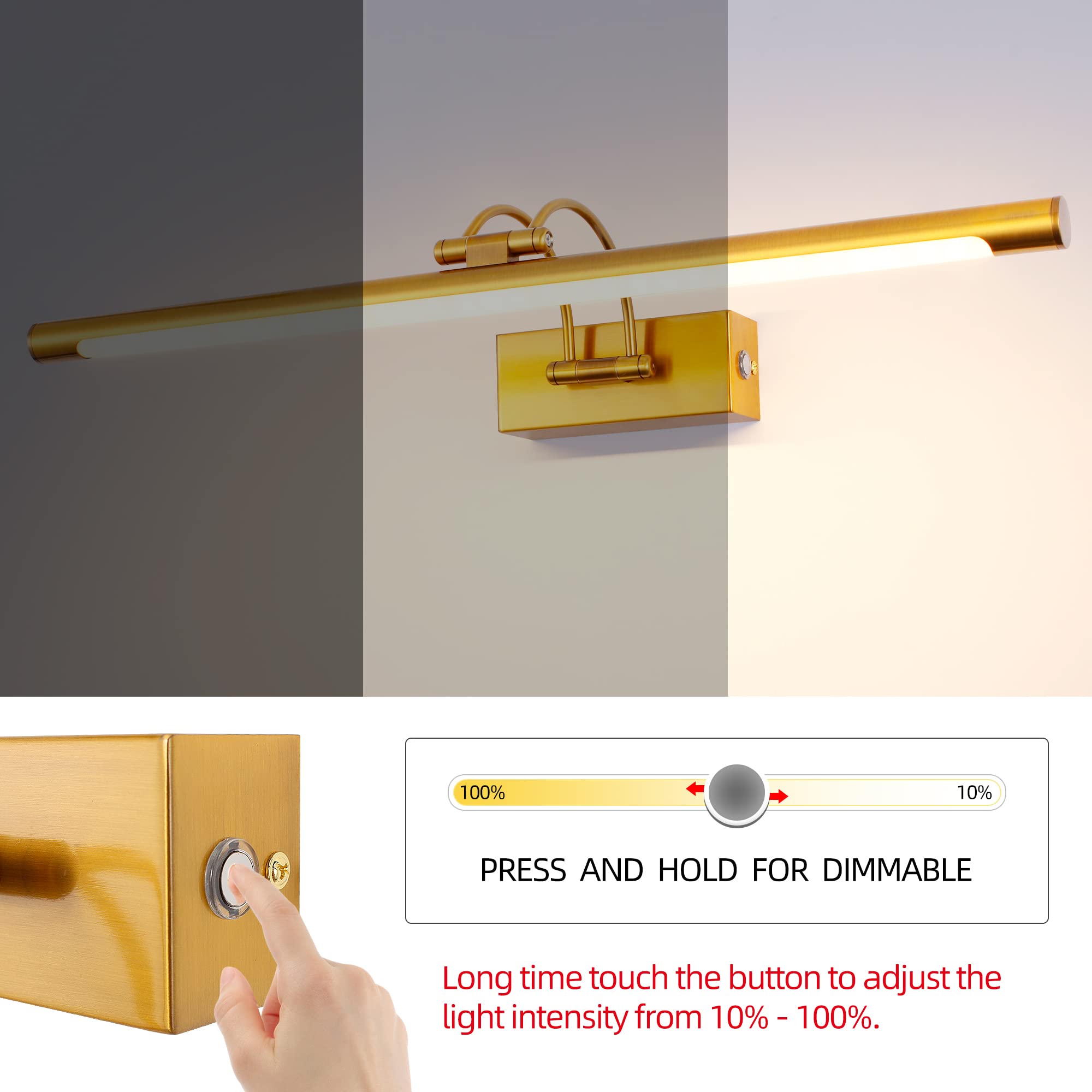 MantoLite Lámpara de Pared LED Regulable 15W, 60CM Interior Iluminación para Cuadros y Expositores, Cabeza Giratoria, Lectura, Latón Mate, Baño Espejo Apliques de Pared 3000K/4000K/6000K