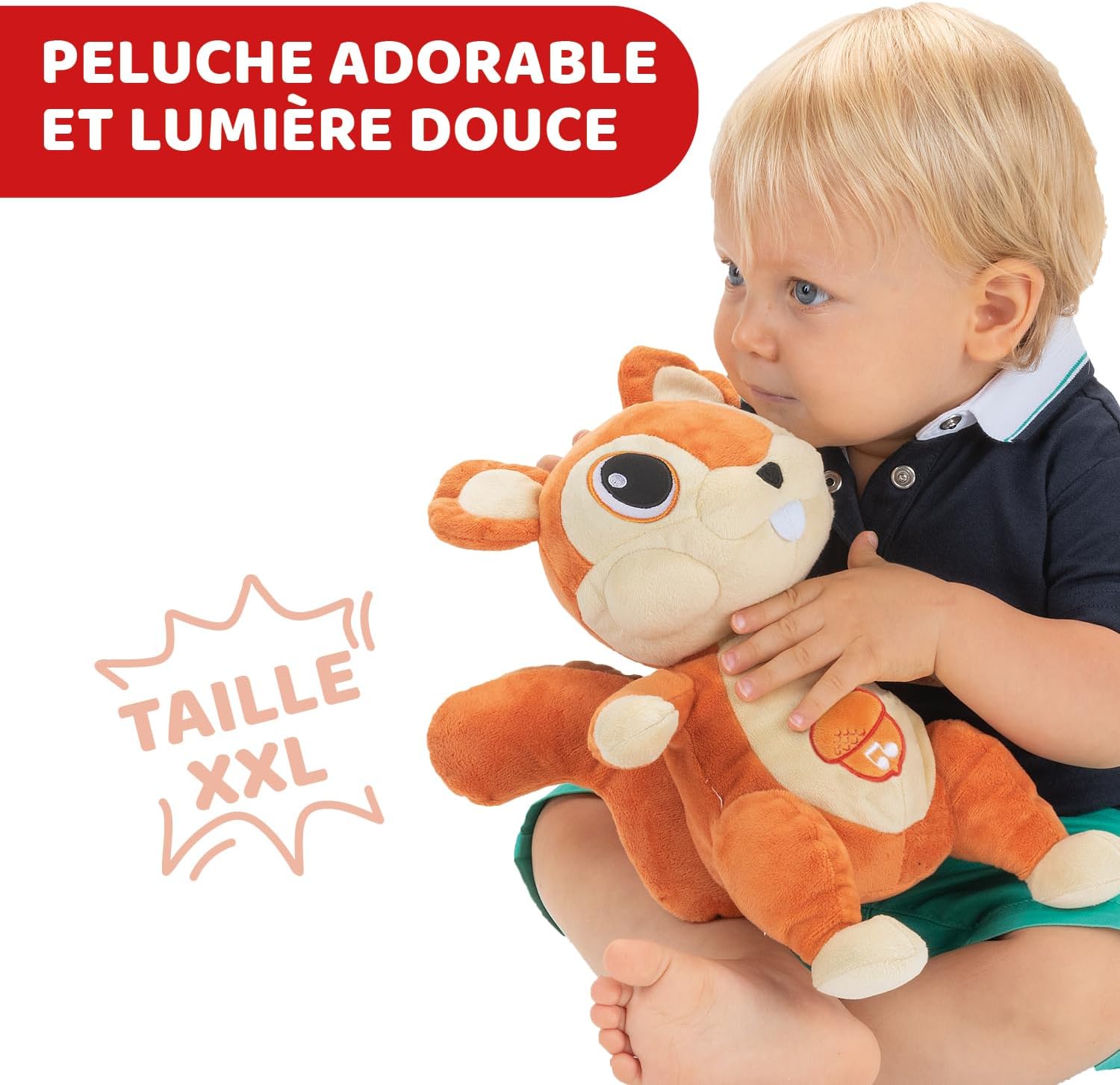 Chicco Squirrel Music & Light Plush Toy - Interactive Baby Toy with Light & Music - Belly lights up - From 0+ Months - Washable - Orange/Beige - 30 cm