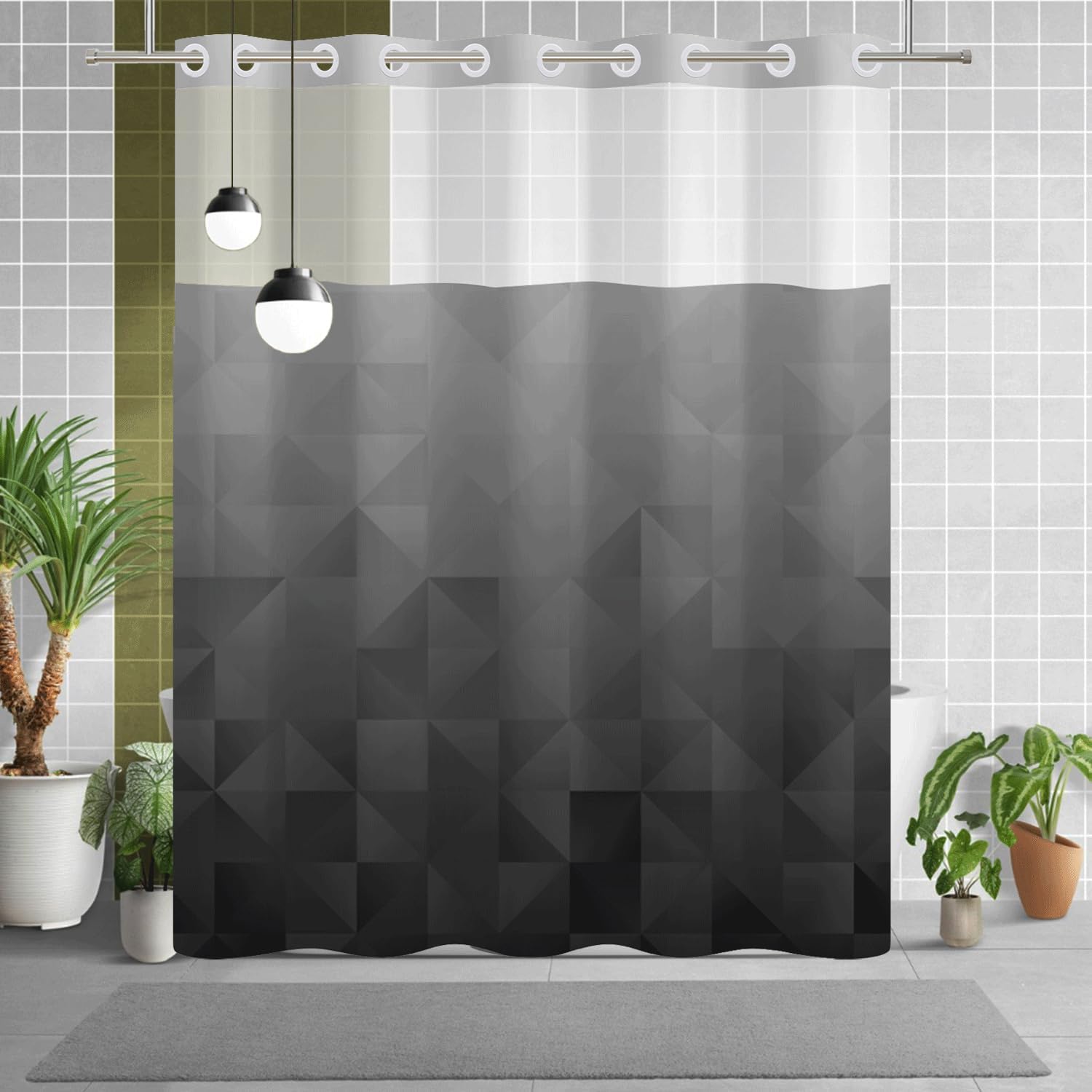 No Hook Shower Curtain with Snap in Liner Set, Black Gray Ombre Geometric Print - Mesh Top Waterproof Double Layer Bath Tub Curtain for Modern Loft & Minimalist Bathroom Decor, 71W x 74H
