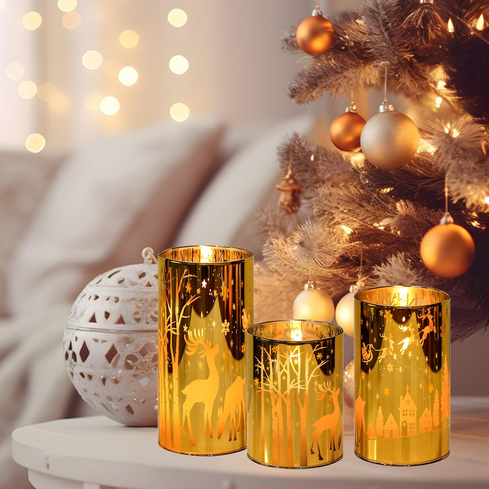 Eldnacele Candele a LED dorate con telecomando e timer, set da 3 candele senza fiamma alimentate a batteria, per decorazioni natalizie e regali, diametro 7,5 cm x altezza 10/12,5/15 cm