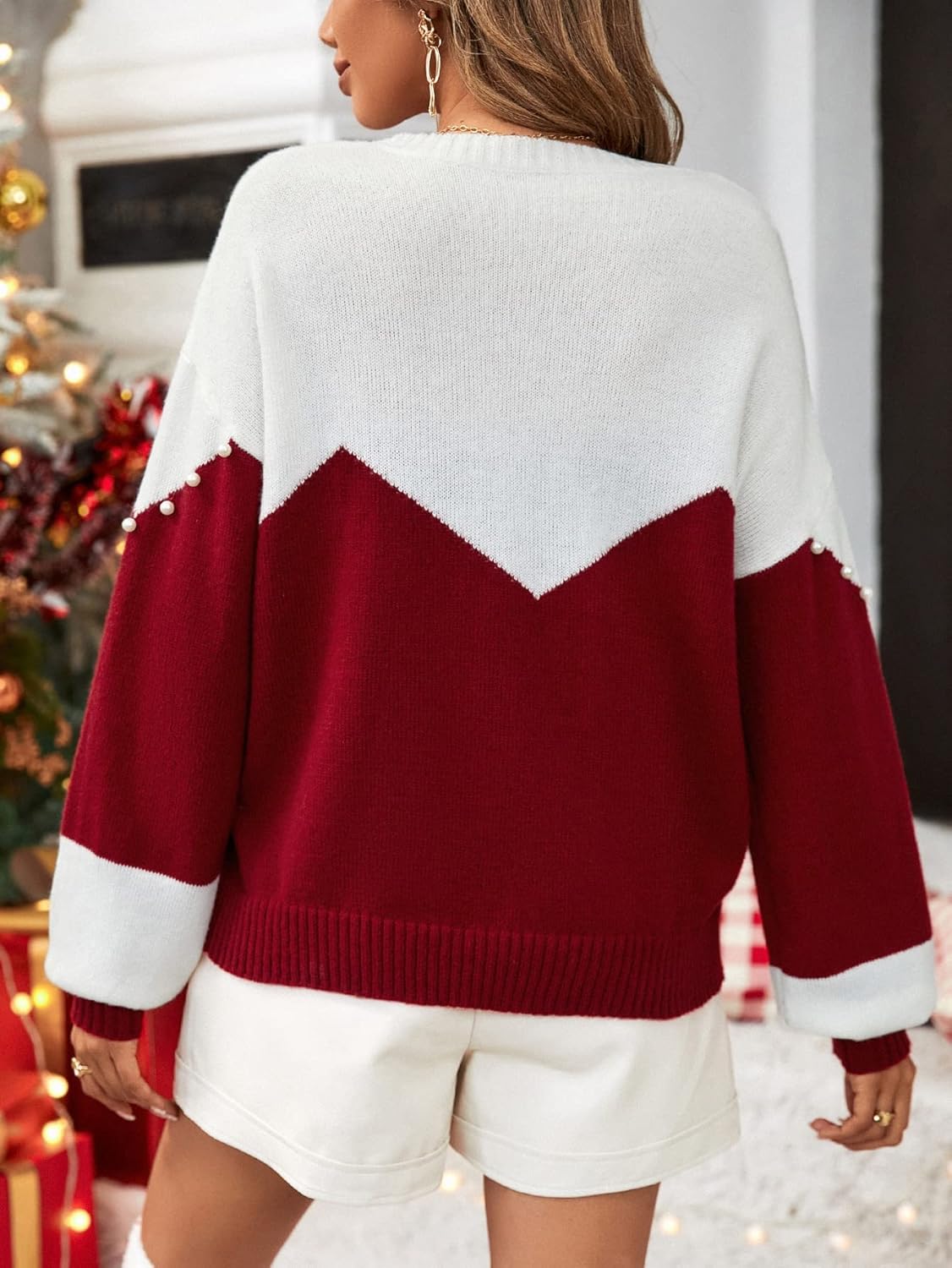 Women's Sweater Colorblock Pearls Beaded Drop Shoulder Sweater Sweater for Women (Color : Red and White, Size : Medium)