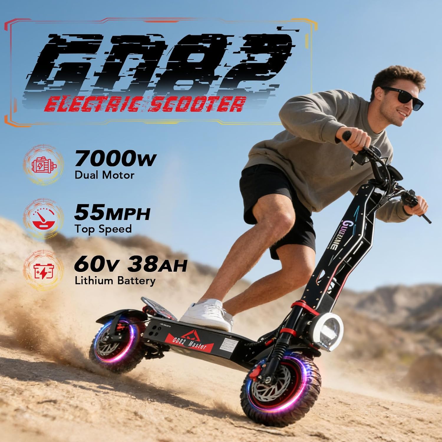 GD82 Electric Scooter for Adults, 7000W Dual Motor Up to 55 MPH, 60V 38AH Battery with 65 Miles Range, 12 Off-Road Tires & 45° Climbing, Foldable Commuter Scooter with Dual Suspension