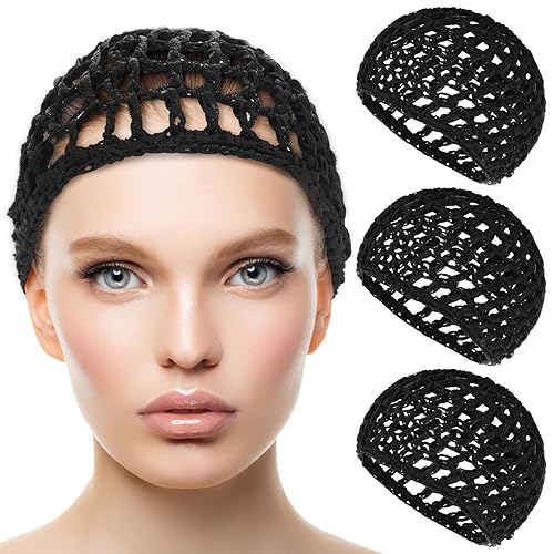 Paquete de 3 gorras de malla de ganchillo para el cabello, de rayón, de punto de ganchillo, para dormir, cubierta ajustada para el cabello, cómoda