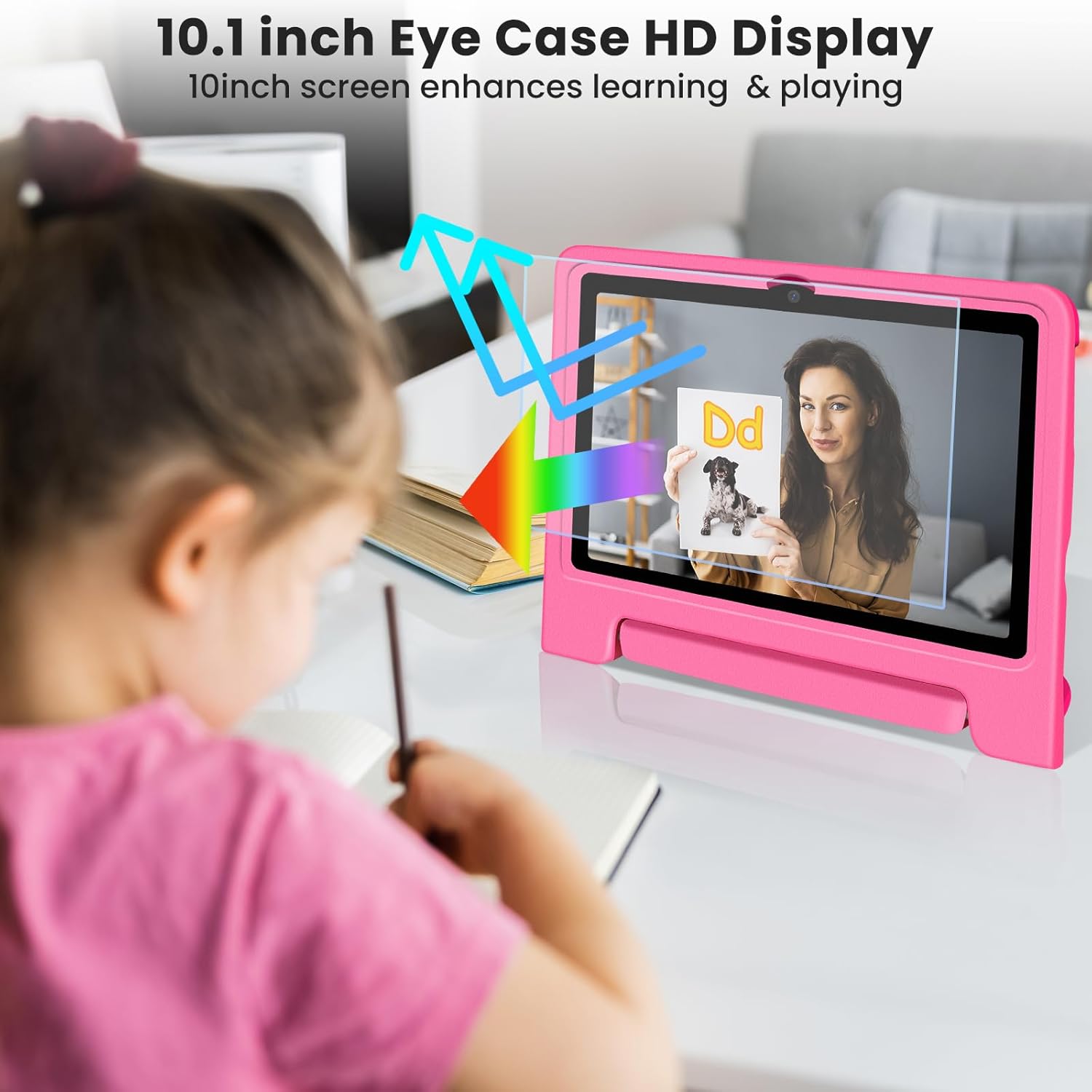 Kids Tablet 10.1 inch Android 14 Octa-Core 64GB 6000mAh Kids Space Parental Control 1280 * 800 HD Touchscreen Shockproof Case Dual Camera Gift for Toddler Children (Pink)