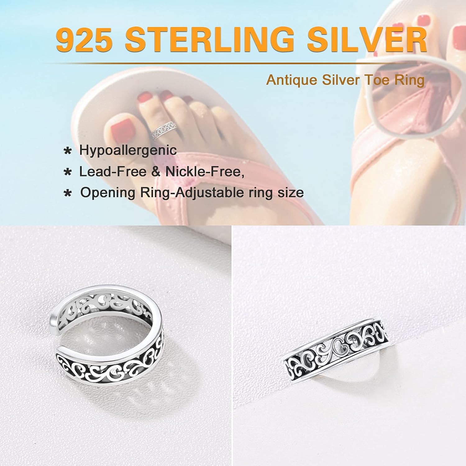 SILVERCUTE Toe Ring, Chic 925 Stamped Toe Ring, Band/Leaf Toe Ring, Sterling Silver Open Adjustable Toe Ring Set, Adjustable Pinky Rings