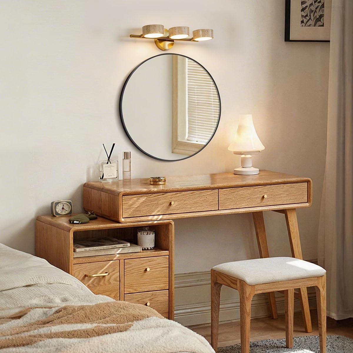 Led Bathroom Lighting Fixtures Over Mirror with 3 Travertine Shades,Vanity Lights Wall Lamp, 180° Rotatable Stone Lampshades Bathroom Lights, Modern Farmhouse Stone Sconces Gold