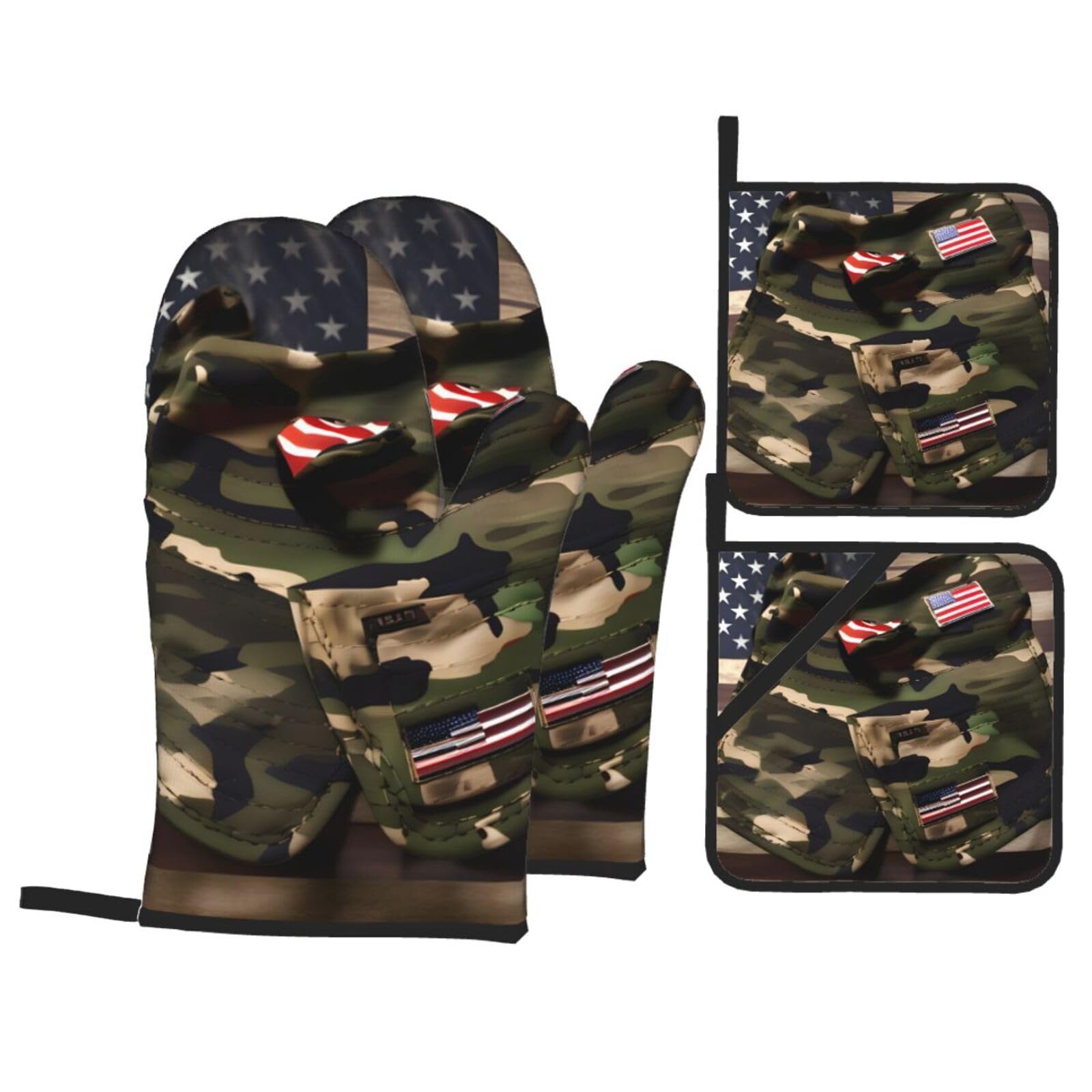 Camo American Flags Print 4-Piece Oven Microwaving Set Kitchen Gloves for Holiday Cooking Baking Grilling