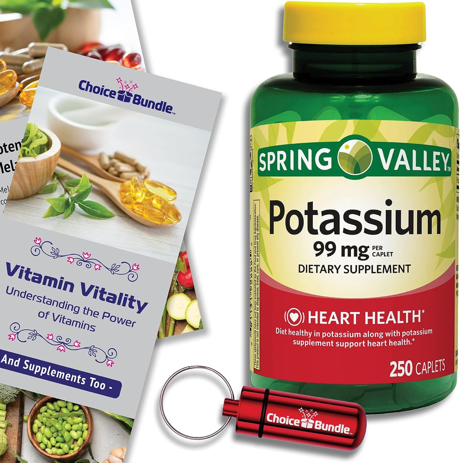 Spring Valley Potassium Heart Health Dietary Supplement Caplets 99 mg 250 Ct 4 pk (1000 Total) + Vitamin Vitality & Pill Container (6 Items)!