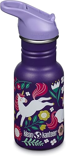 Klean Kanteen Botella de agua clásica para niños de 12 onzas con tapa deportiva y popote de sello abatible, tapa 100% a prueba de fugas, material de