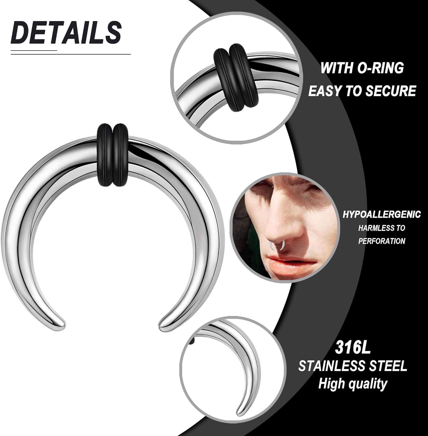 00G-16G Septum Pincher Tapers Septum Rings Stainless Steel Pincher Septum Piercings C Shape Buffalo Stretcher Expander Ear Taper Set for Stretching Pierced, Gold/Black/Sliver - Image 3