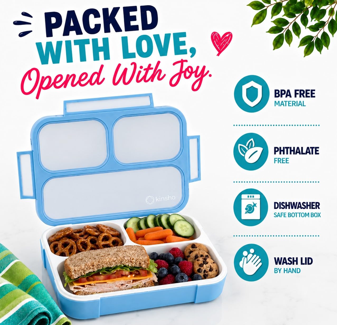 Scatole per il pranzo e snack Bento a tenuta stagna, confezione da 4 contenitori per porzioni per la pianificazione dei pasti, per donne e adulti, senza BPA, utensili - blu, verde