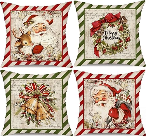 DFXSZ Juego de 4 fundas de almohada navideñas de 18 x 18 pulgadas, diseño de reno de Papá Noel, vintage, decoración retro de casa de campo para el