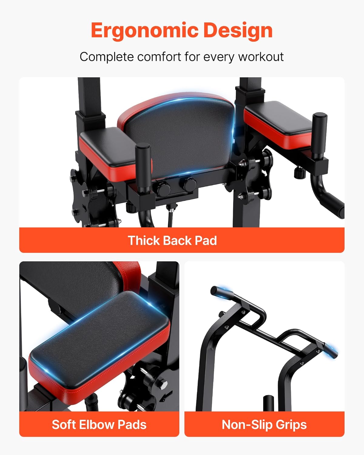 Image highlighting the thick back pad, soft elbow pads, and non-slip grips for ergonomic comfort.