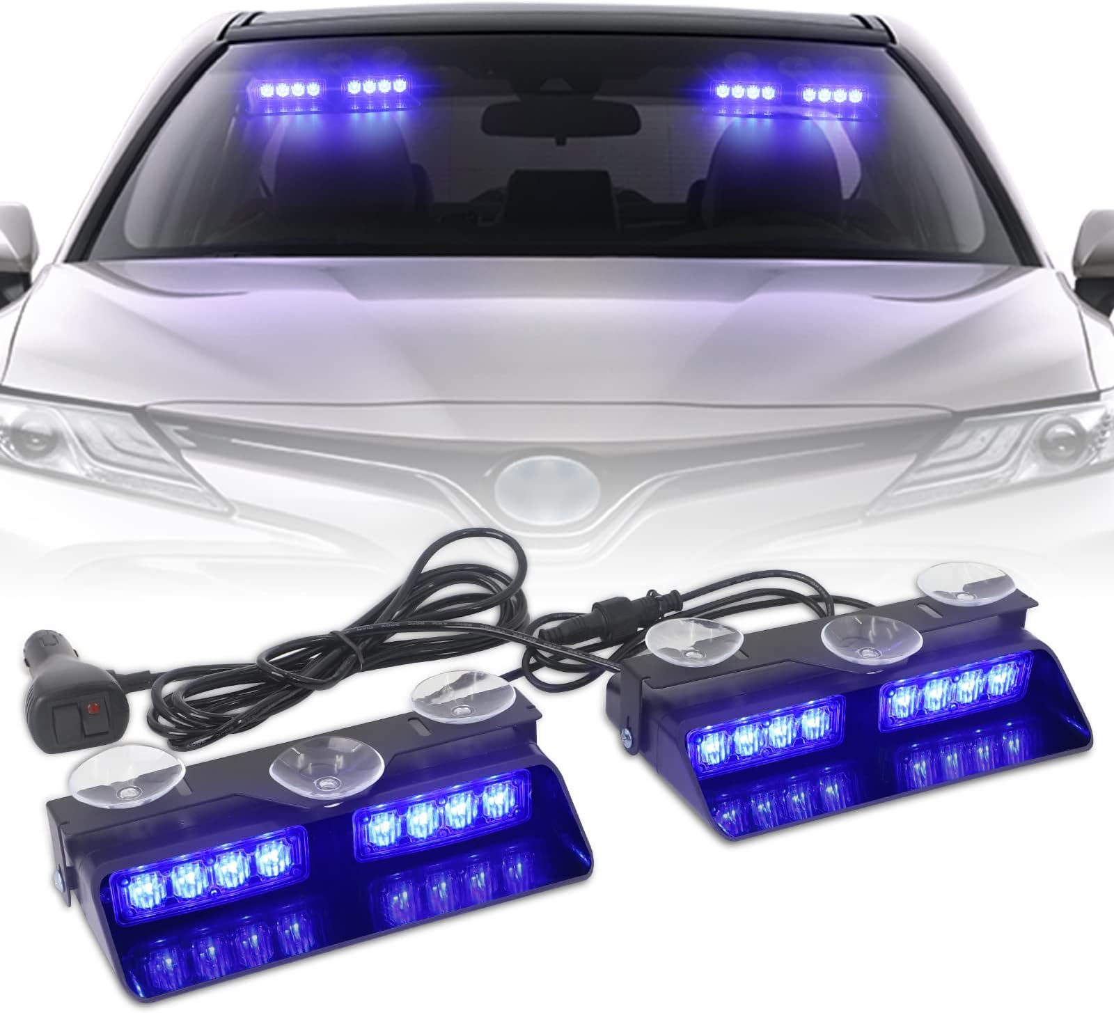 XRIDONSEN 2 in 1 Blue Emergency Dash Strobe Lights Warning Safety Flashing Interior Windshield Lights w/Suction Cups for Ambulance Volunteer Firefighter Police Vehicles Trucks (2×7.16 inch, 16 LED)