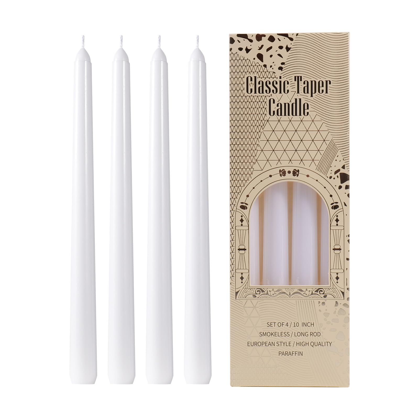 Photo 1 of 10 Inch White Taper Candles, Unscented Smokeless and Dripless, Long Burning 8-Hour Hand Poured, for Wedding Christmas Dinner Party, Romantic Dinner, Meditation and Home Decor, 4 Pack