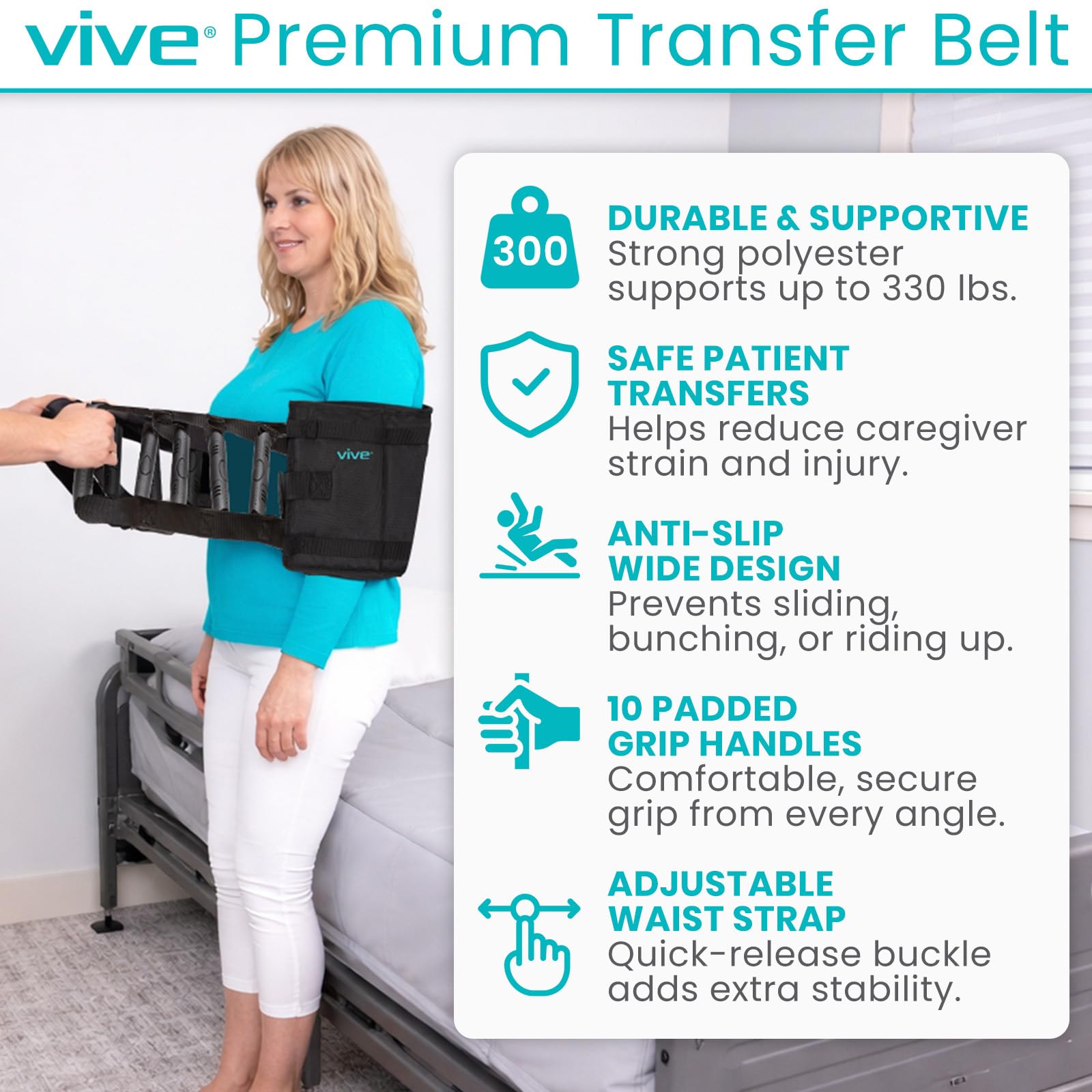 Vive Transfer Sling - Padded Assist Gait Belt - Heavy Duty Patient Lift with Straps - Mobility Standing and Lifting Aid for Disabled, Elderly, Seniors, Injured - Safely Move from Bed and Wheelchair