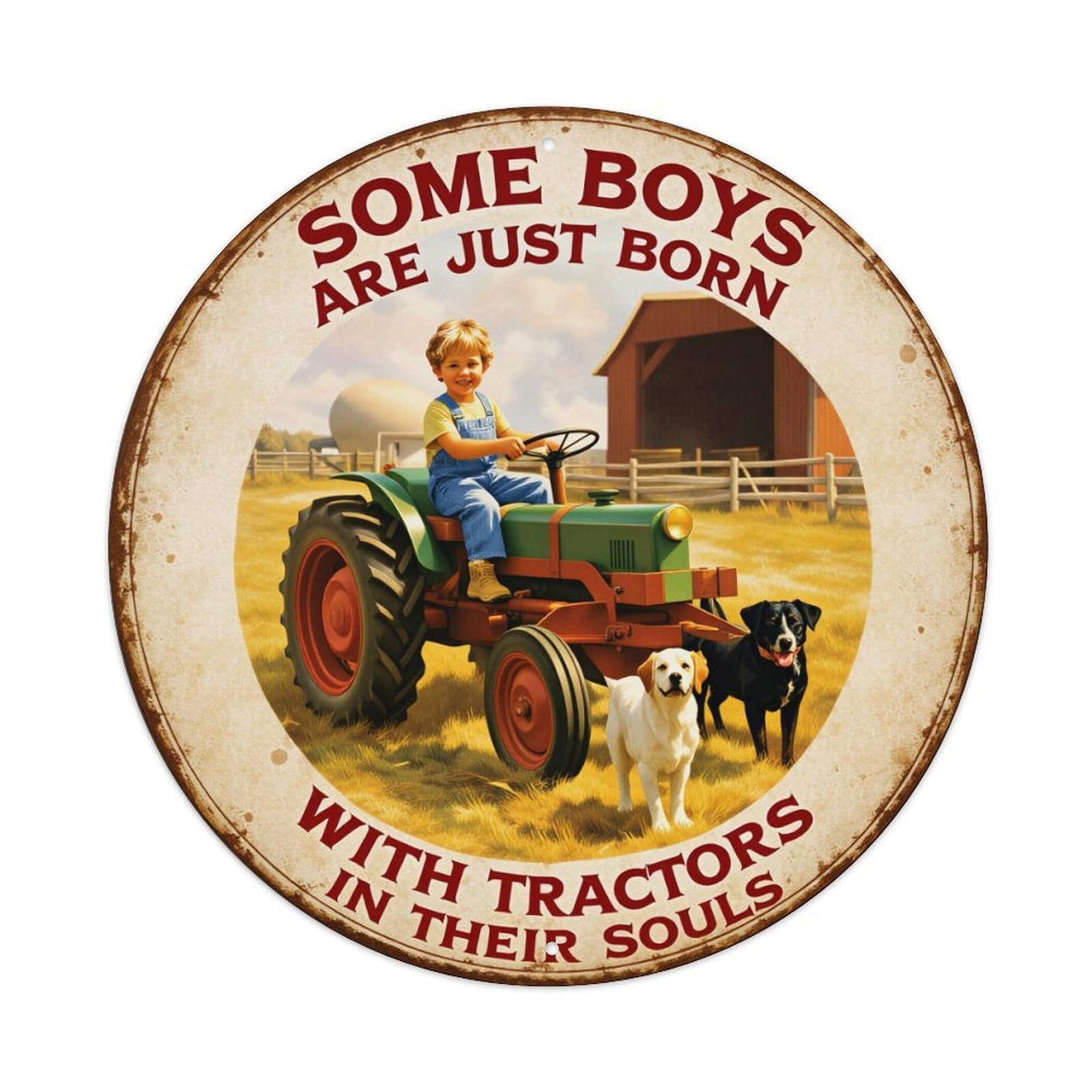 Boy Tractor Farm Dogs Barn Round Tin Sign Vintage Metal Poster, Home Bar Garage Man Cave Cafe Indoor & Outdoor Wall Decoration 8x8Inches