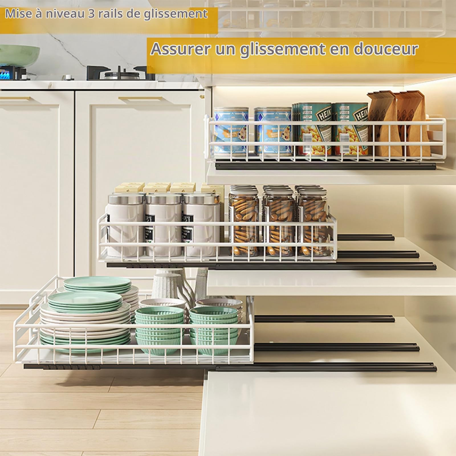 Lot de 2 Organiseurs Tiroirs Coulissants Cuisine Avec Adhésif | Largeur Réglables Extensibles à 3 Rails Coulissants Organisateurs Placard Extensibles, Autocollants/Forage (Blanc) (M+L-Set)