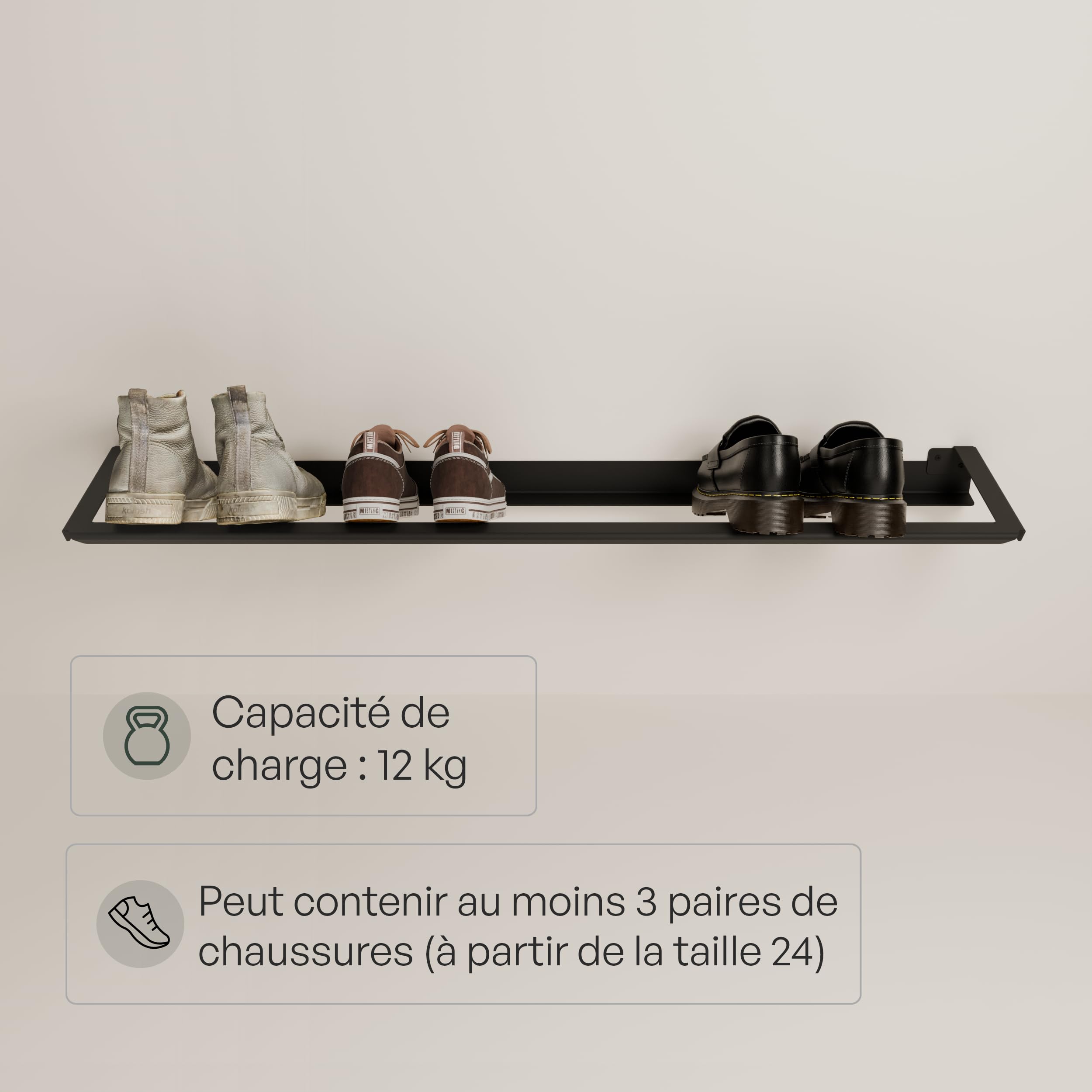 pamo étagère à Chaussures Murale en métal 91 x 20 cm – Étagère à Chaussures | gain de place à fixation murale pour entrée, dressing ou chambre – Noir