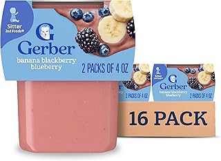 Gerber 2nd Foods - Alimento para bebés, mezcla de puré de plátano y bayas mixtas, magnífico alimento, natural y sin OMG, tarros de 4 onzas, 2 paquetes con 8 unidades (16 unidades).