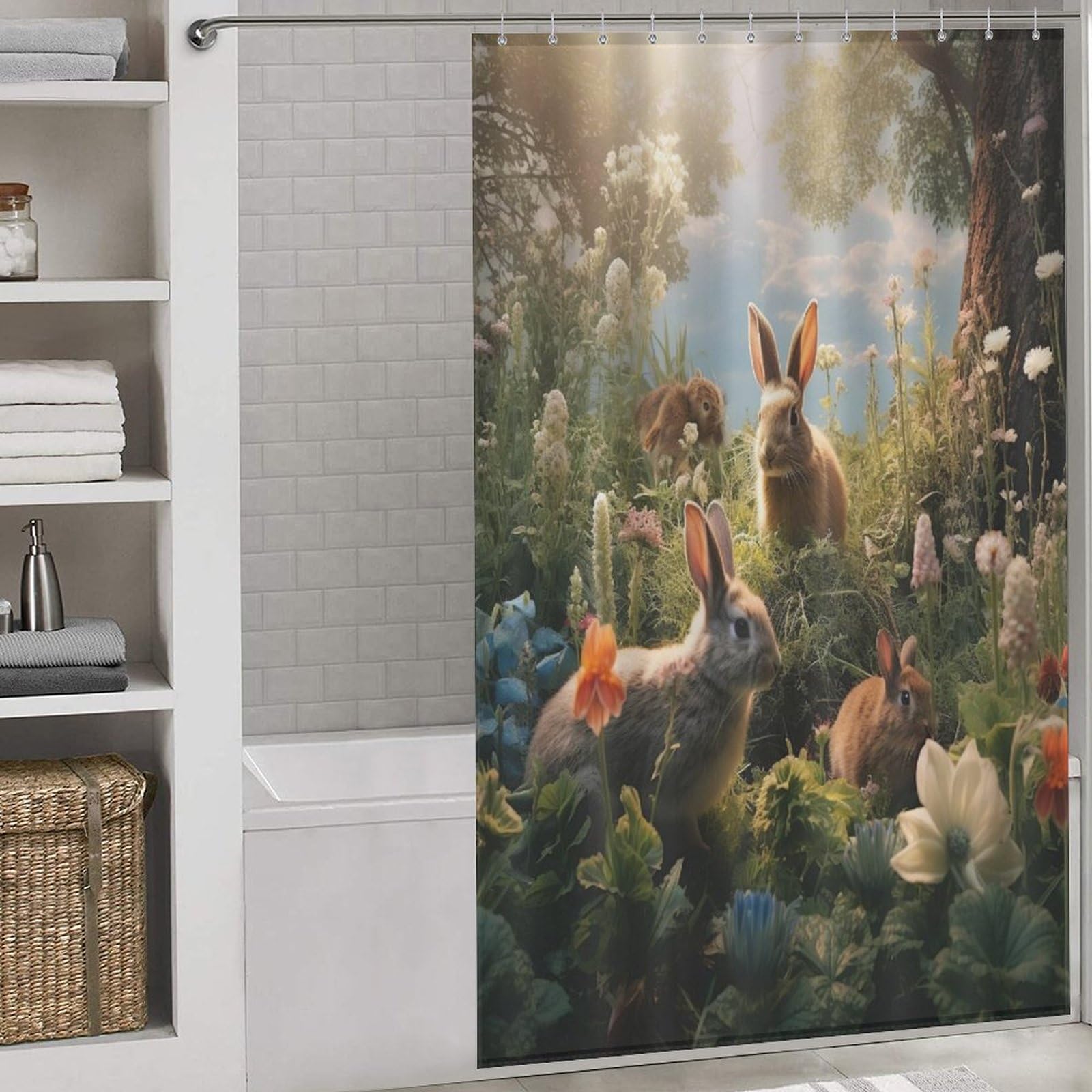 Rideau de douche lavable en machine lapin en tissu polyester 140x183