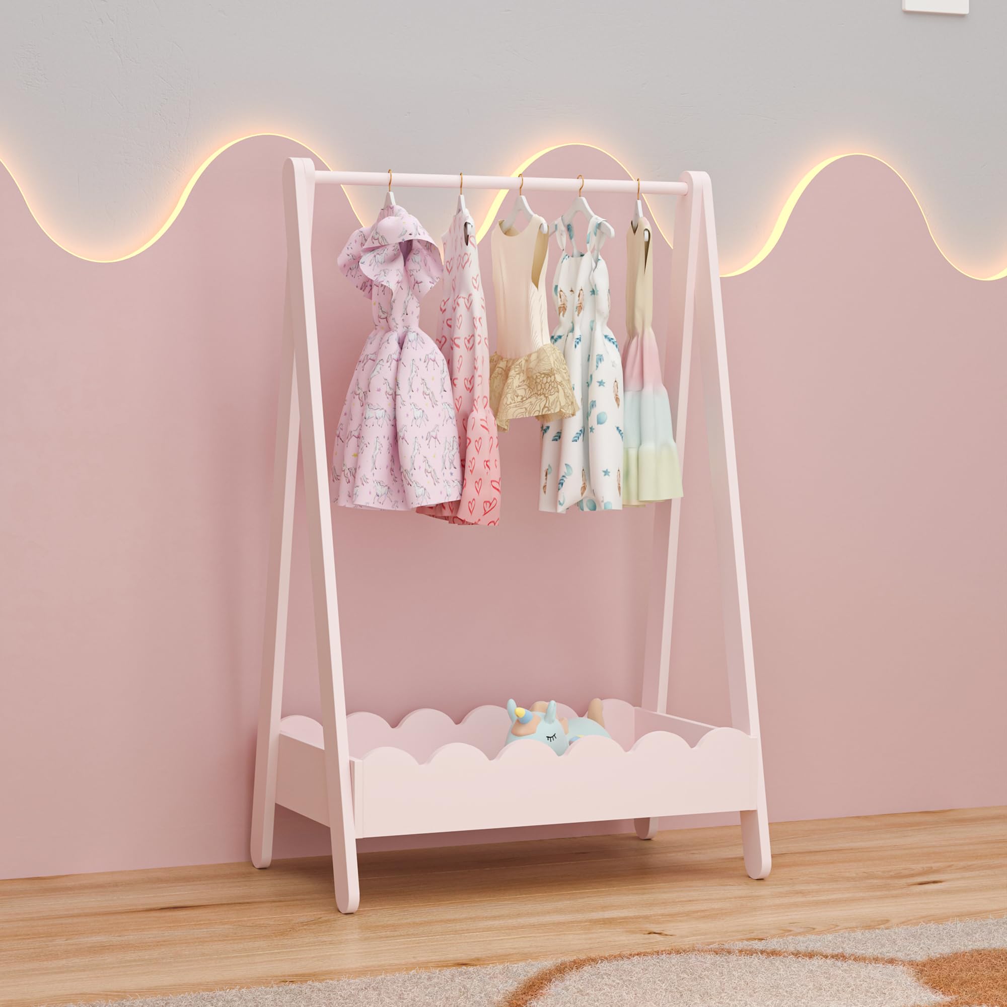 [en.casa] Kindergarderobe stehend Vestnes Kleiderständer für Kinder Garderobenständer mit Fach und Kleiderstange 99 x 66 x 38 cm Cotton Candy