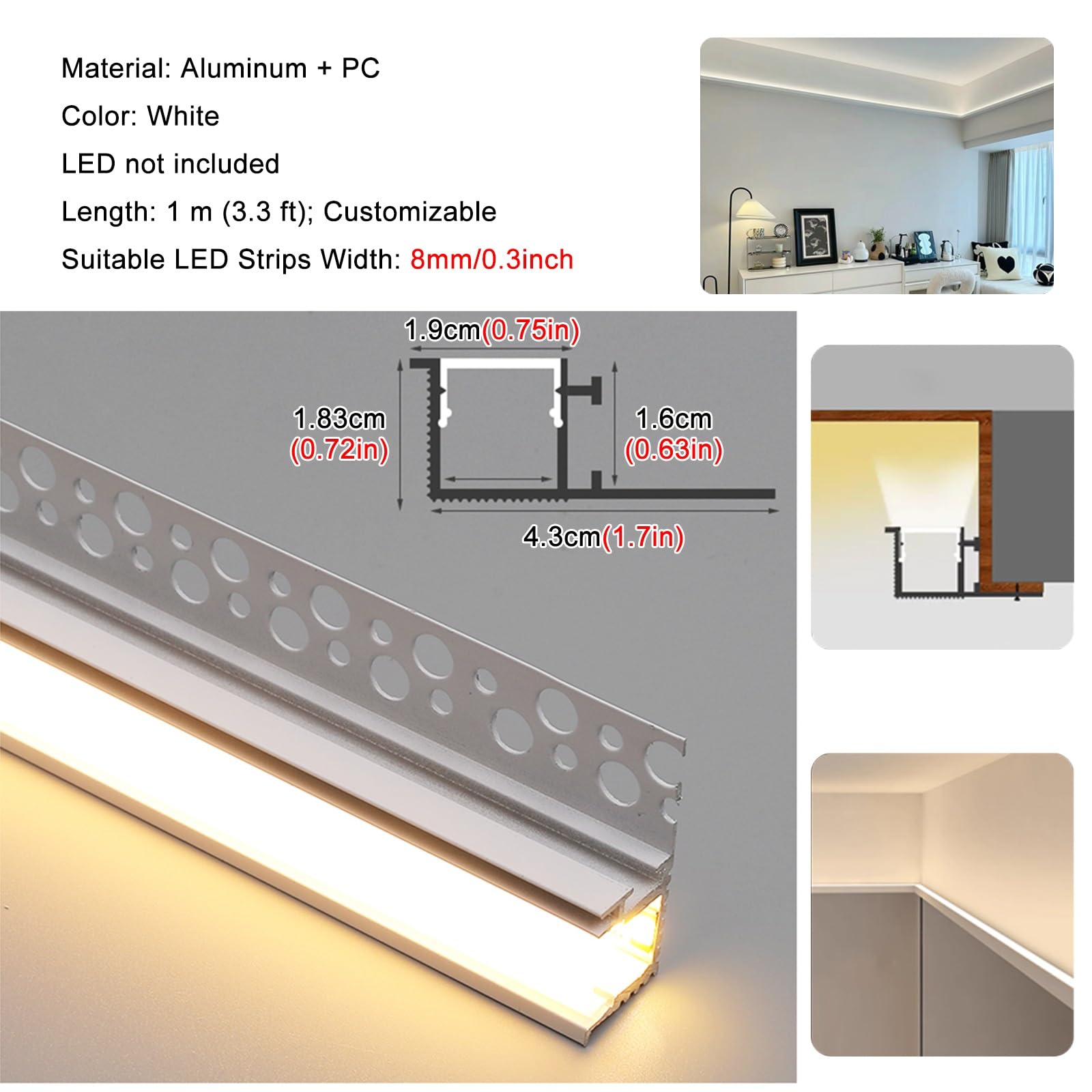 Dimensioni delle modanature per soffitti, Profilo del Canale LED in Alluminio Stampaggio a Corona Illuminazione indiretta Lunghezze Multiple(2.5 m/8.2 ft)