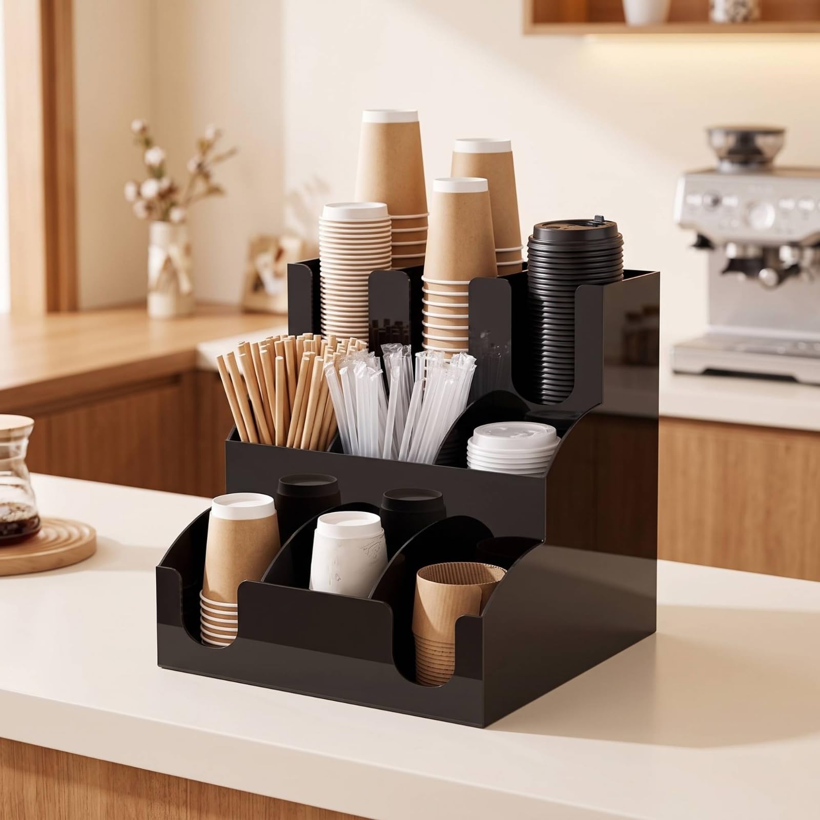 Portavasos Acrílico Compacto Organizador Vasos con Compartimentos Brillante para Baristas, Negro, Estante De Tazas Inclinado De Cuatro Rejillas