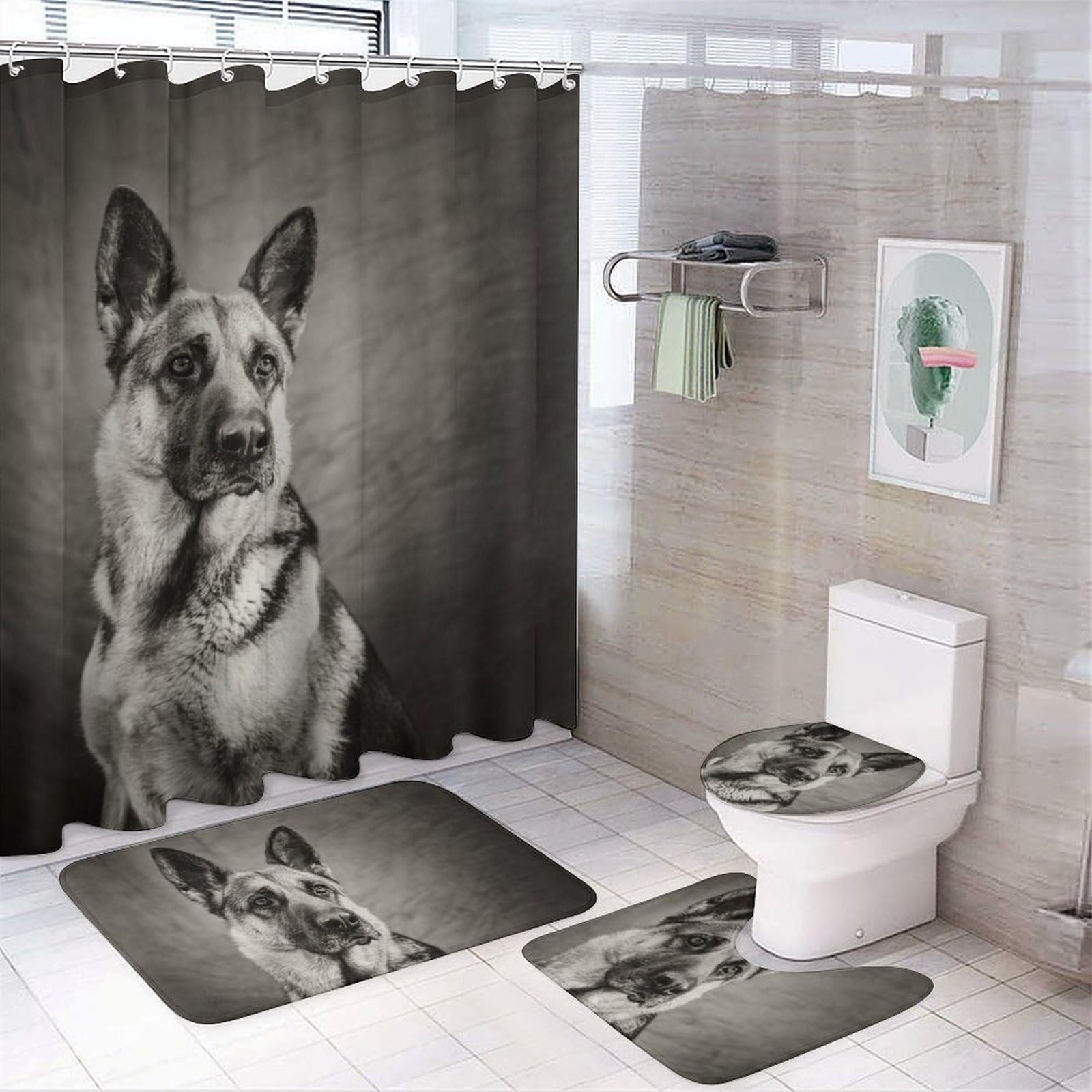 CGSBNGHA Black And White German Shepherd Shower Curtain Set 4 Piece Bathroom Sets with Rugs Toilet Lid Cover And U-Shaped Floor Mat