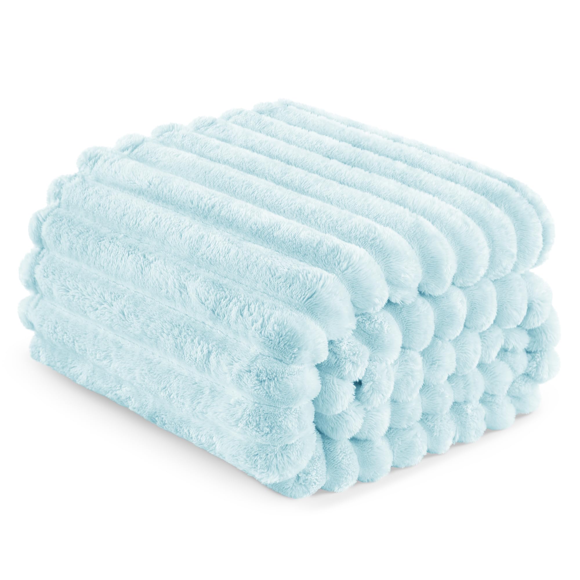 Exclusivo Mezcla Coperta Plaid Pile di Flanella per Divano, 130x150 CM Coperta Letto Singolo con Righe Jacquard, Accogliente e Leggero, Azzurro