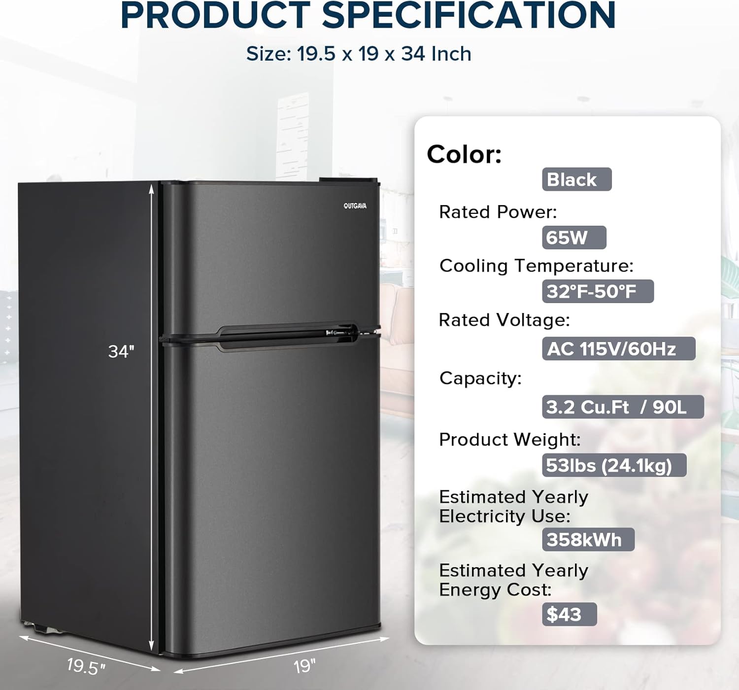 Double Door Mini Fridge with Freezer 3.2 Cu. Ft Mini Refrigerator, Compact Refrigerator Mini Freezer Cooler with Adjustable Thermostat and Reversible Door for Dorm,Office,Apartment,Black