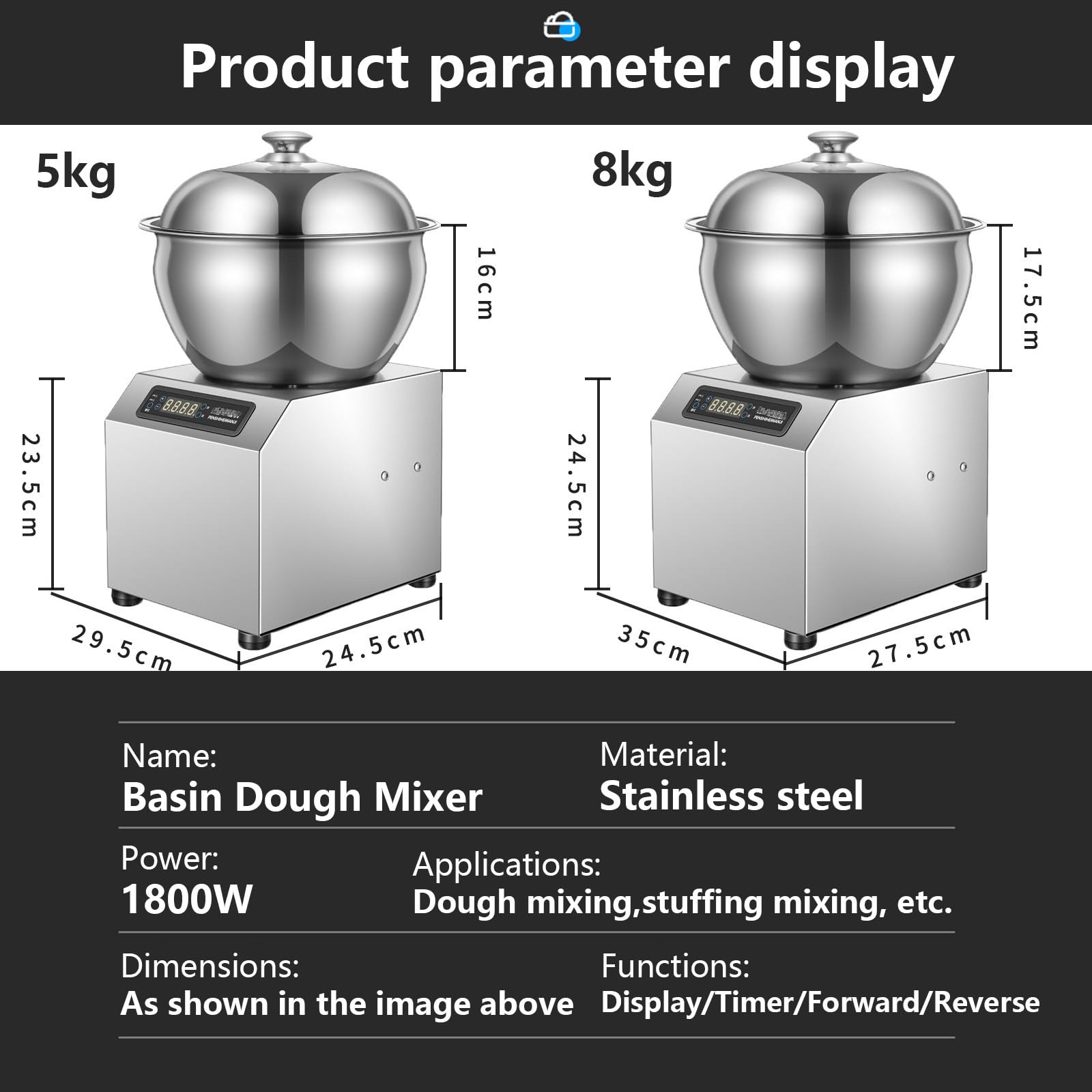 Impastatrice A Spirale Elettrica in Acciaio Inox da 1800 W con Timer per Pizzerie E Panetterie - capacità 8 kg