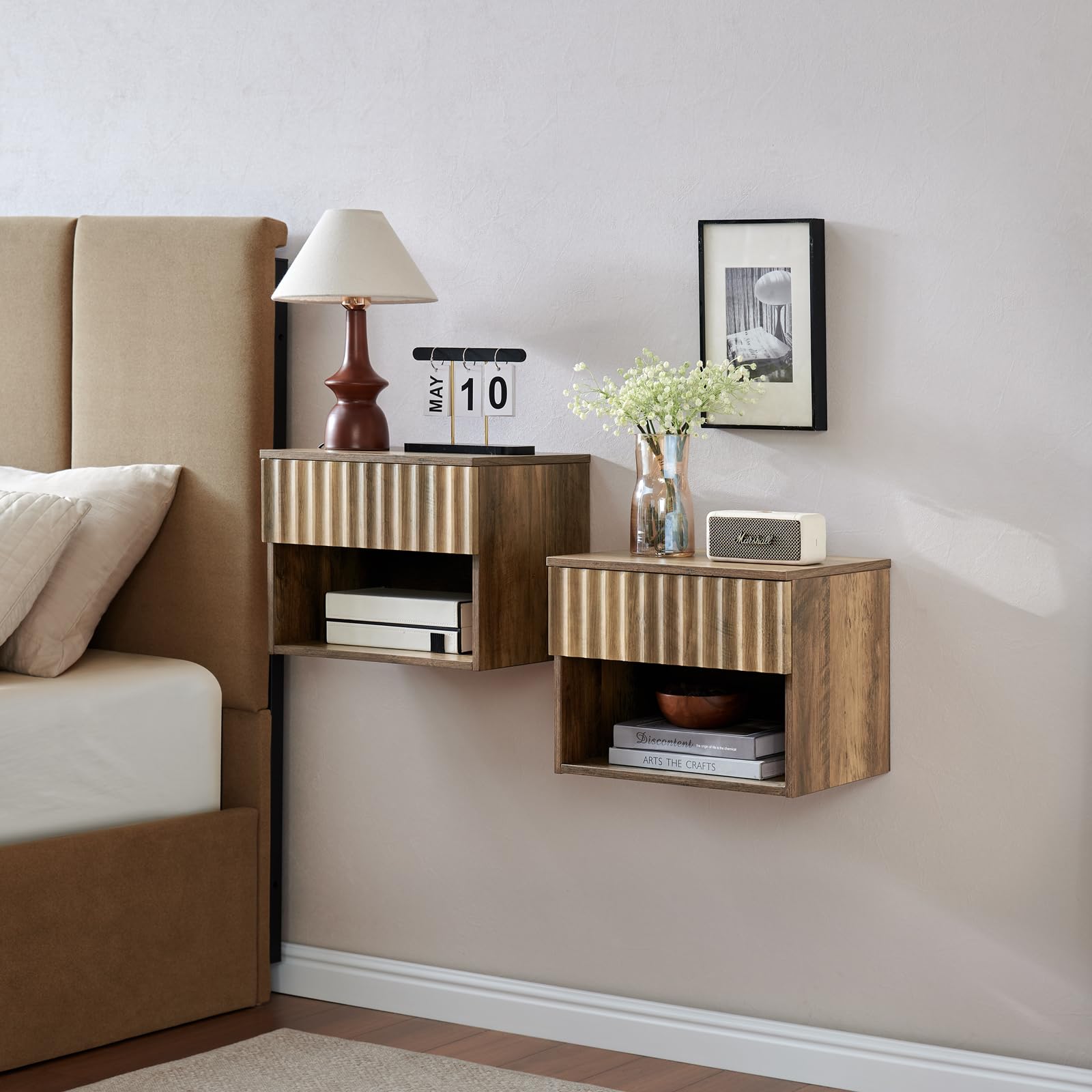 BuildHom Floating Nightstand with Fluted Drawer - Modern Wall Mounted Bedside Table with Open Storage Shelf, Small Night Stand TV Stand for Bedroom(