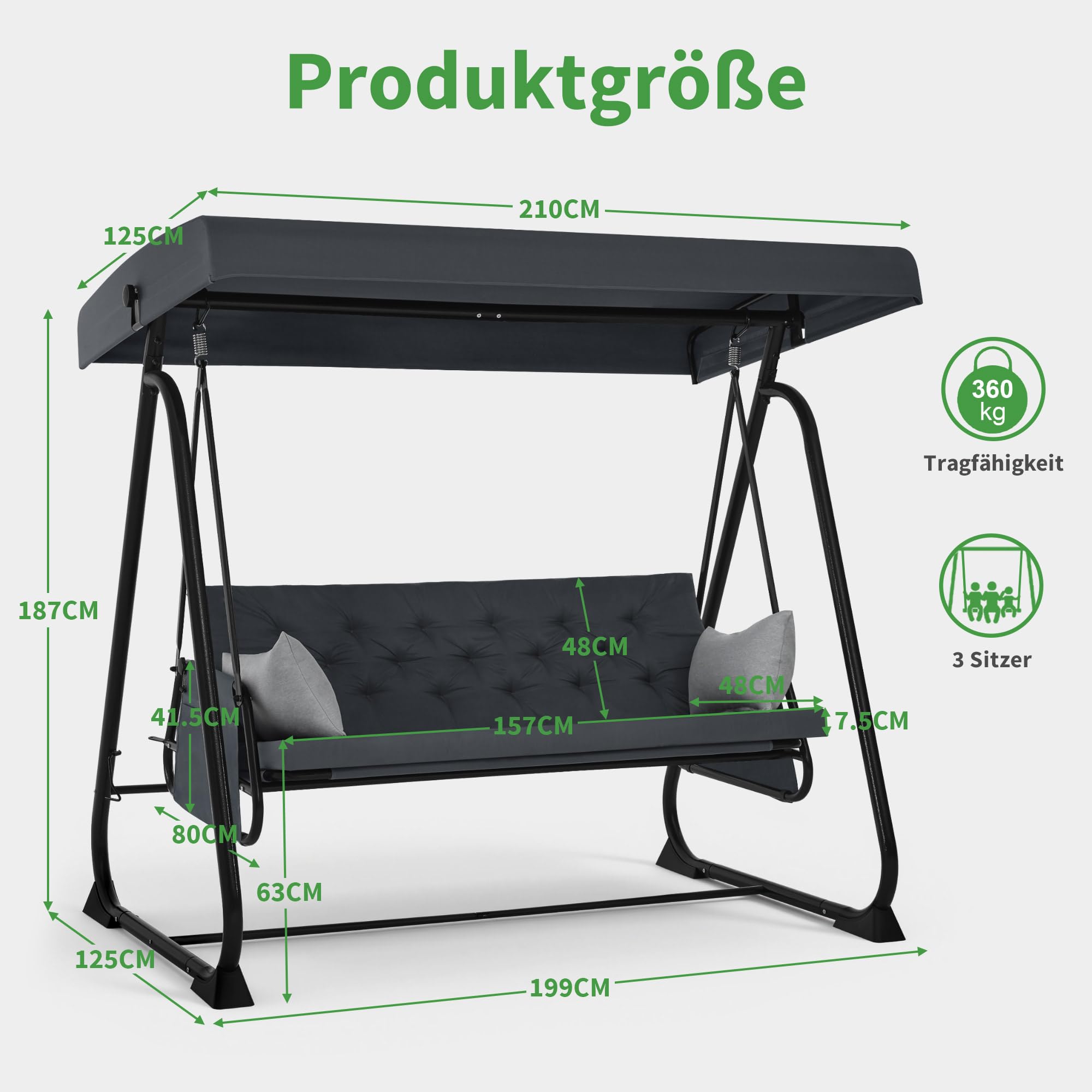 M MCombo Balancín de 3 plazas con función de Cama, Cojín Extra Grueso & Ganchos silenciosos, Capacidad 360 kg, 210x125x187 cm, Banco de jardín Resistente a la Intemperie 4071 (Gris Oscuro)