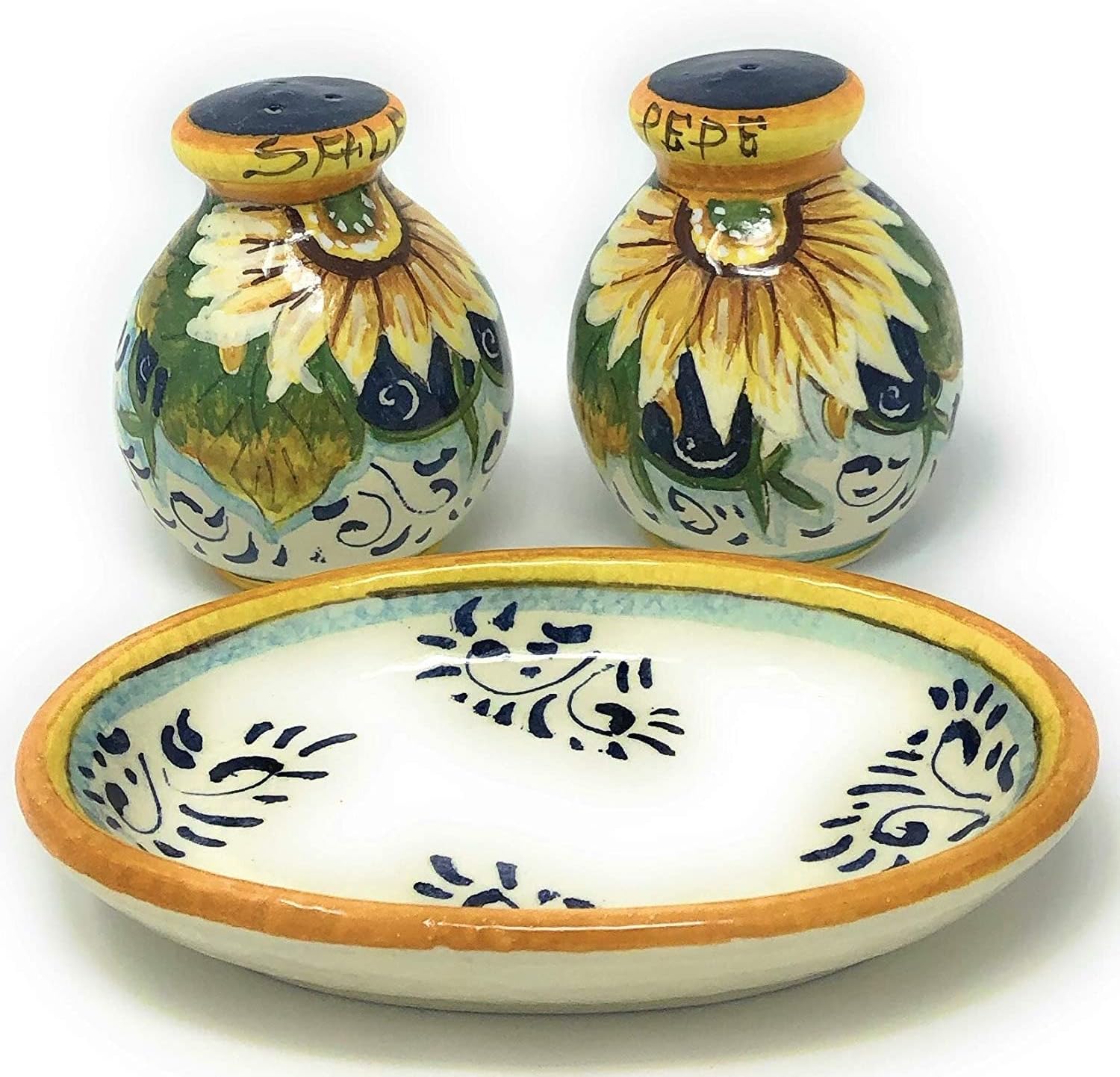 CERAMICHE D'ARTE PARRINI - Italian Ceramic Set Salt and Pepper Shakers Pots Art Pottery Hand Painted Decorated Sunflower Blue Made in ITALY Tuscan