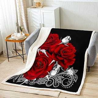 Red Rose Blanket for Boys Girls Kids Super Soft Warm Romantic Flowers Sherpa Fleece Blanket White Floral Throw Blankets Women Rose Bed Blanket Gifts for Teens Women(Queen 90