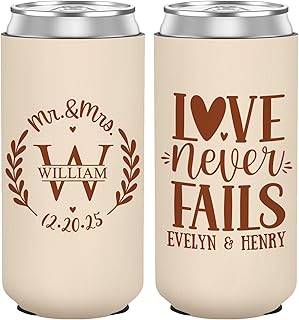 Custom Slim Can Coolers Sleeves Bulk for Wedding & Party Favors, Personalized Drink Holders for Anniversary Engagement Bridal Showers Gifts for Guests, Fits 12 oz Cans & Bottles