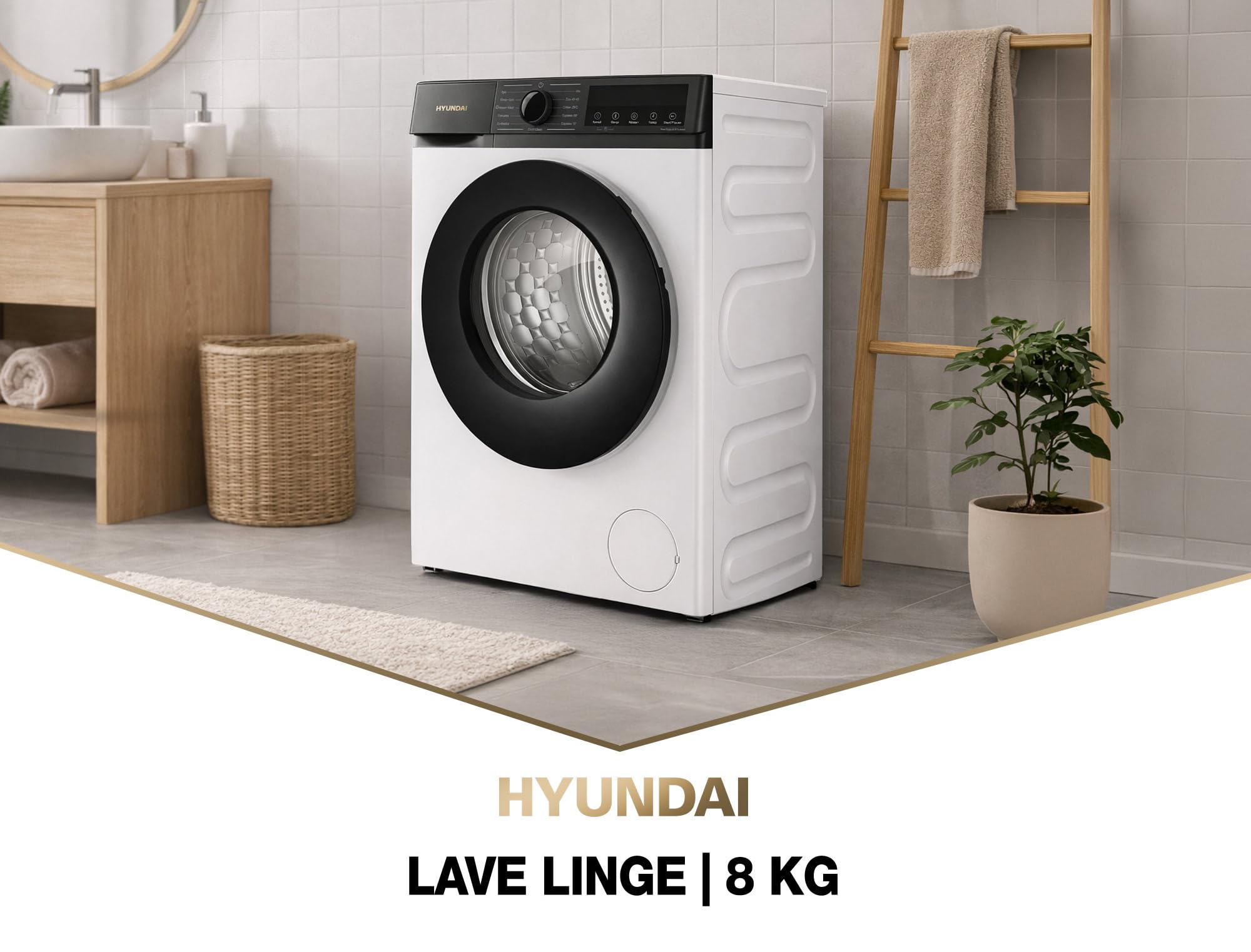 HYUNDAI Lave-linge Hublot, 8 kg, 1200 tr/min, Chargement Frontal, Programmes Multiples, Pose Libre