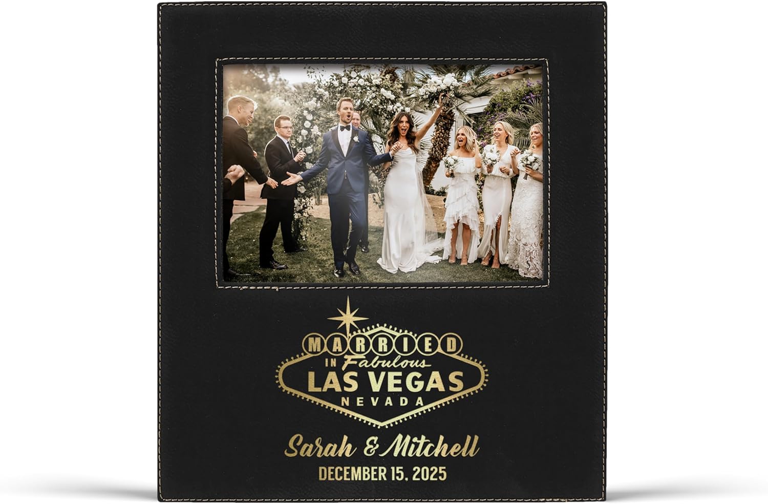 Personalized Married in Las Vegas Vegan Leather Photo Frame | Vegas Sign Couples Names Wedding Date Elopement Anniversary Keepsake (Married in Vegas - Black/Gold - 4x6 Photo)