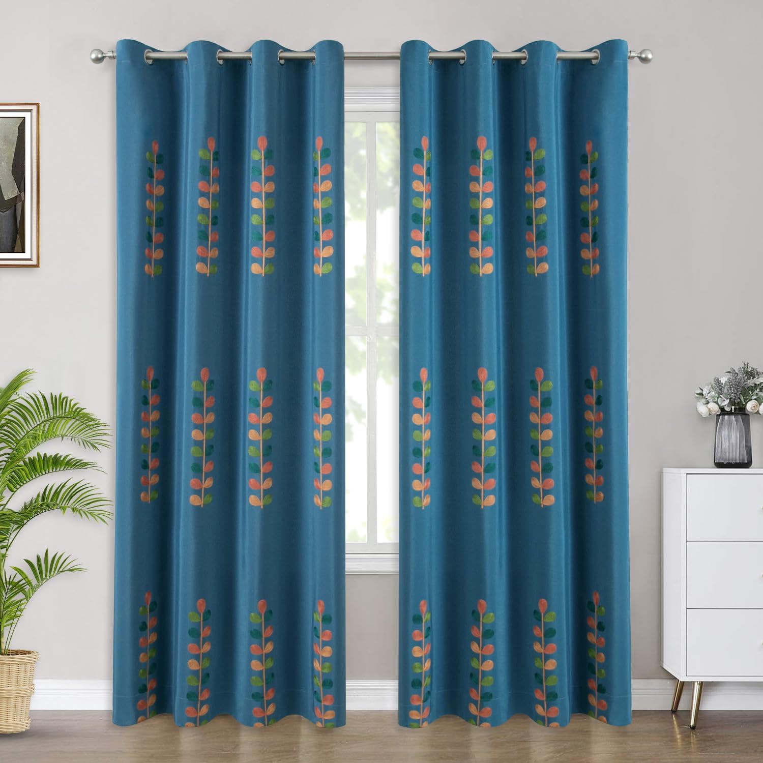 VOGOL Leaves Embroidered Curtains 84 Inches Long, Colorful Leaf Pattern Faux Linen Drapes for Living Room, 2 Panels Thermal Privacy Grommet Curtain for Farmhouse, 52 x 84, Blue