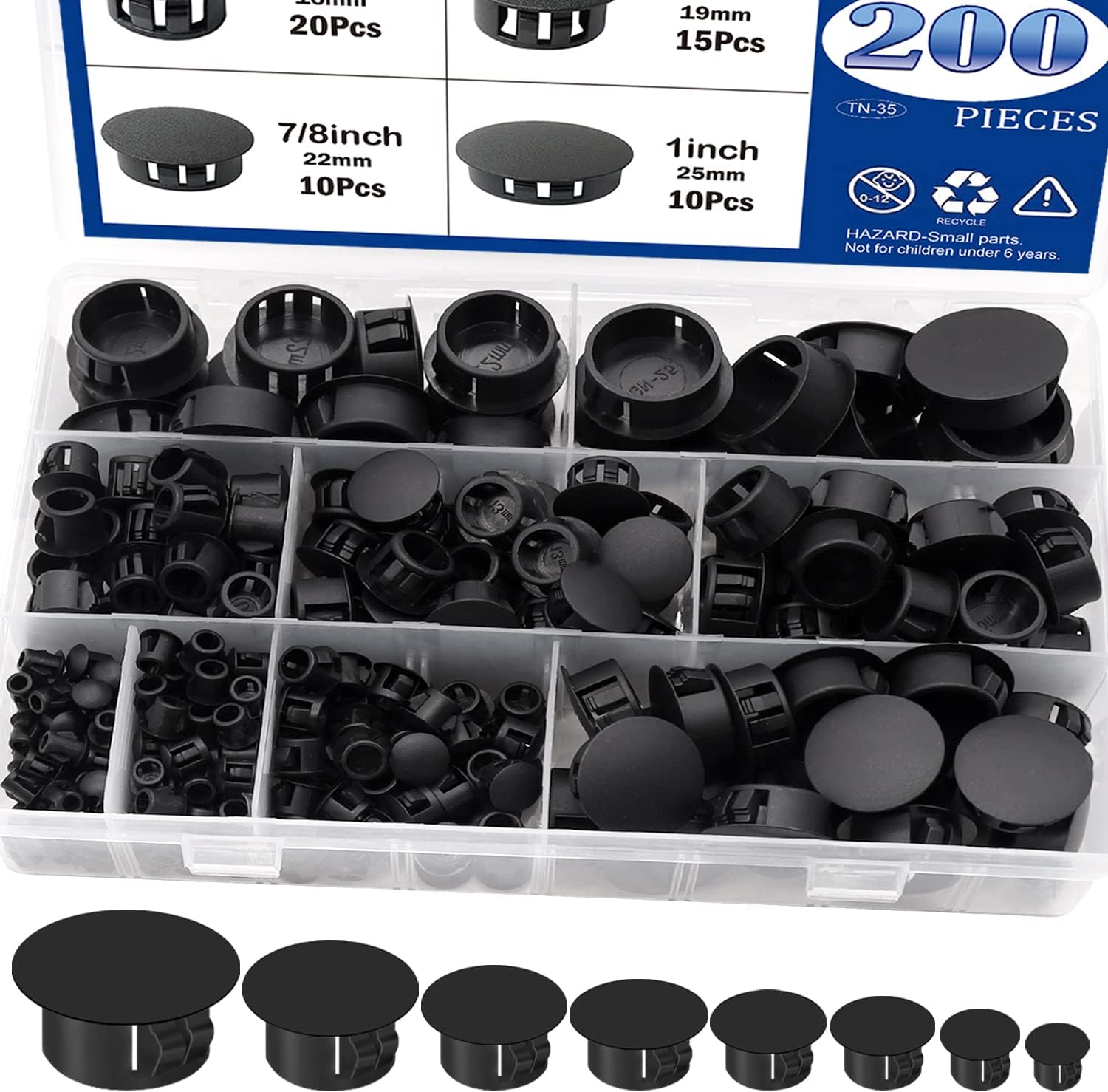 Tnisesm 200Pcs 8 Sizes Nylon Plastic Hole Plugs Black 1/4" 5/16" 3/8" 1/2" 5/8" 3/4" 7/8" 1" Round Drill Hole, Flush Type Panel Knockout Locking Plugs, Furniture Cabinet Insert End Caps