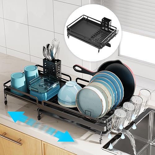 GSlife Escurridor de platos con escurridor, escurridor de platos expandible para encimera de cocina, escurridor de platos resistente al óxido con