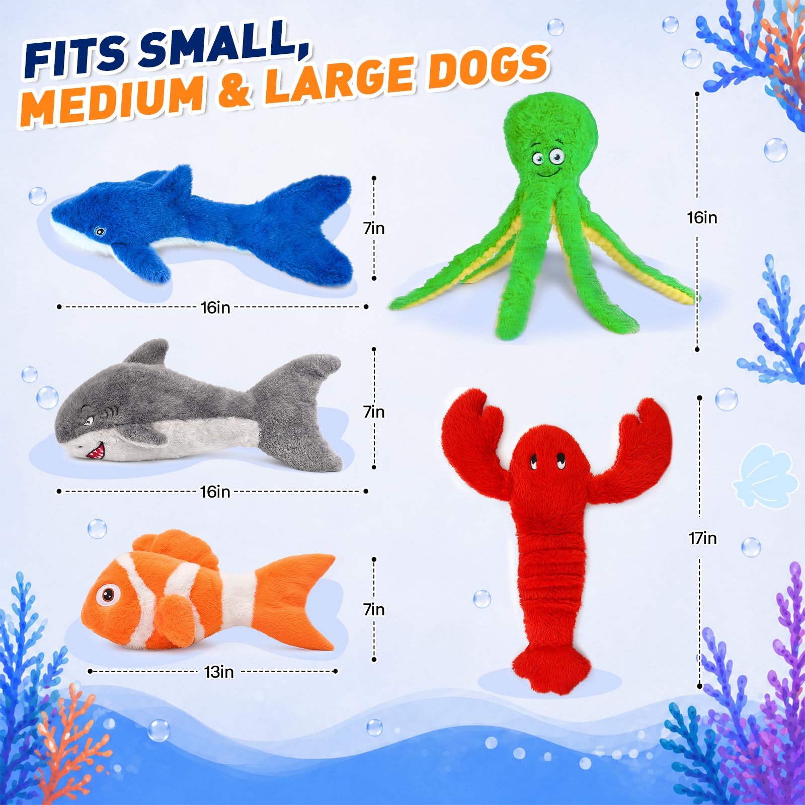 No Stuffing Squeaky Dog Toys - 5 Ocean Animal Set -6