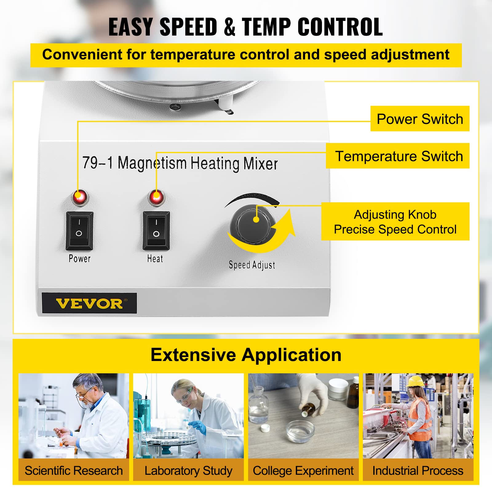 VEVOR Magnetrührer Heizplatte, 250 W 70℃ Heizung Heizplatte mit Magnetrührer 0-1600 RPM einstellbar 1 L Labor Magnetrührer Mixer mit Standfuß, Rührstab Laborgeräte