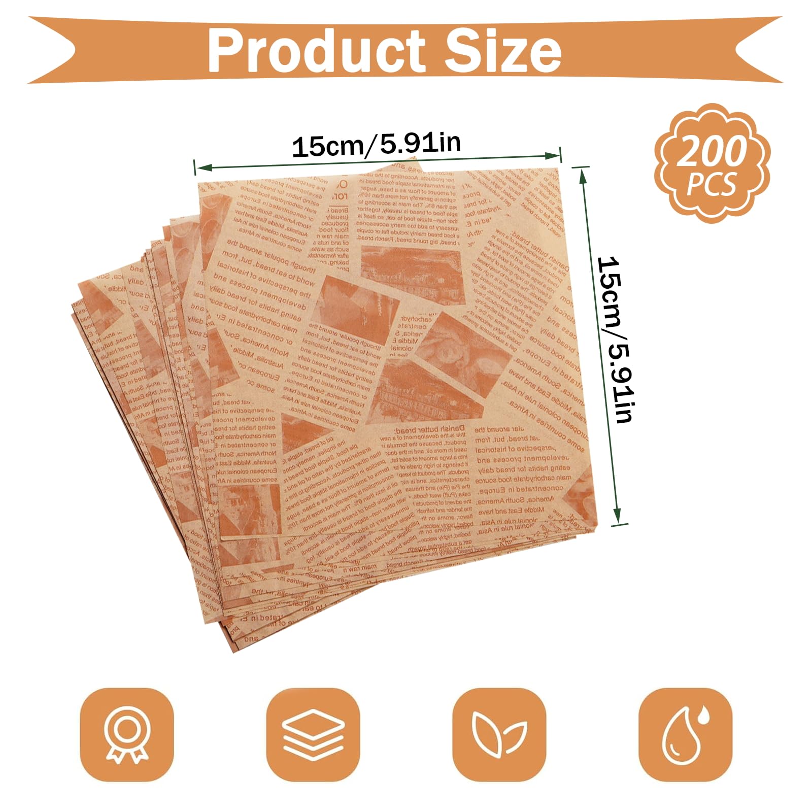 200 Blatt Deli Papierblätter, Backpapier Zeitungsoptik, Einweg Wrap Papier, Fettdichtes Papier für Lebensmittelkörbe, Brotpapier für Pommes Sandwich Burger Butterbrot Käse (15 x 15 cm)