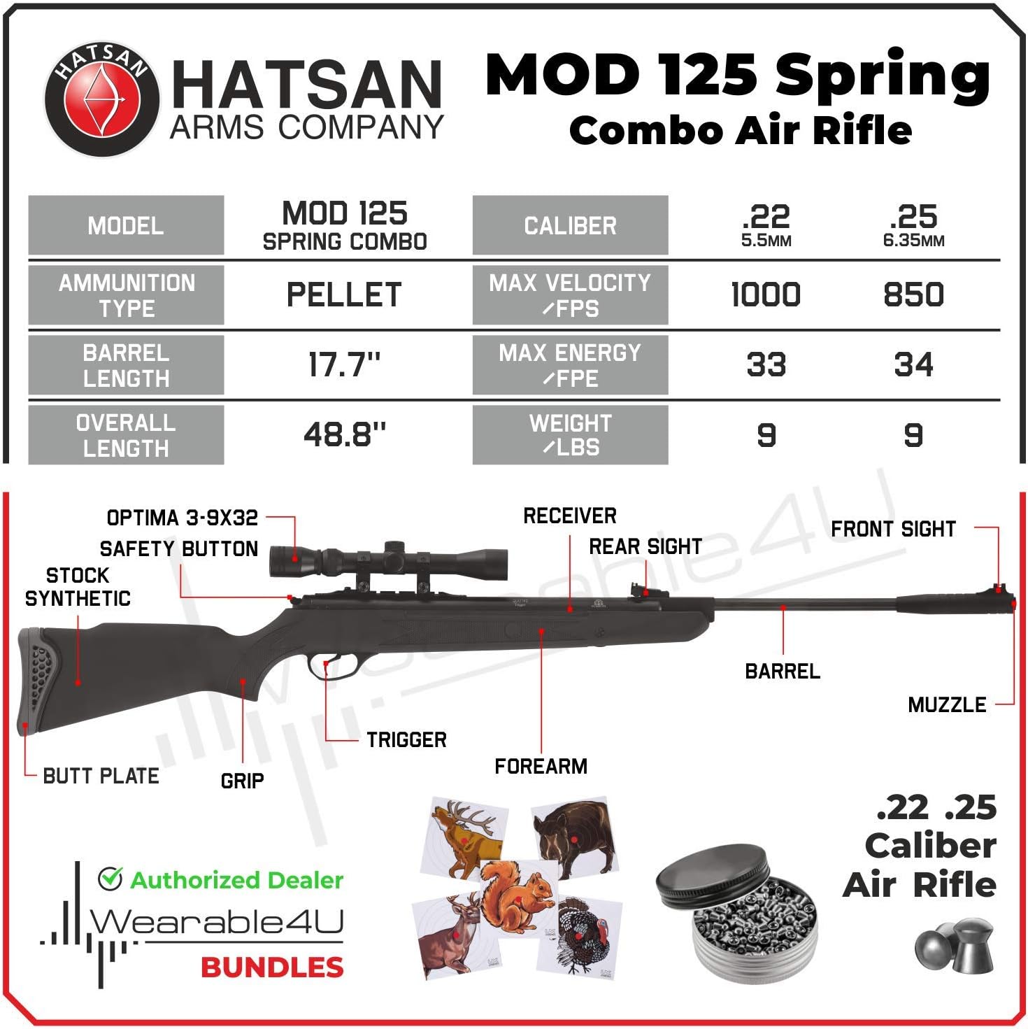 Hatsan Mod 125 Spring Combo Air Rifle with Wearable4U Paper Targets and Pellets Bundle