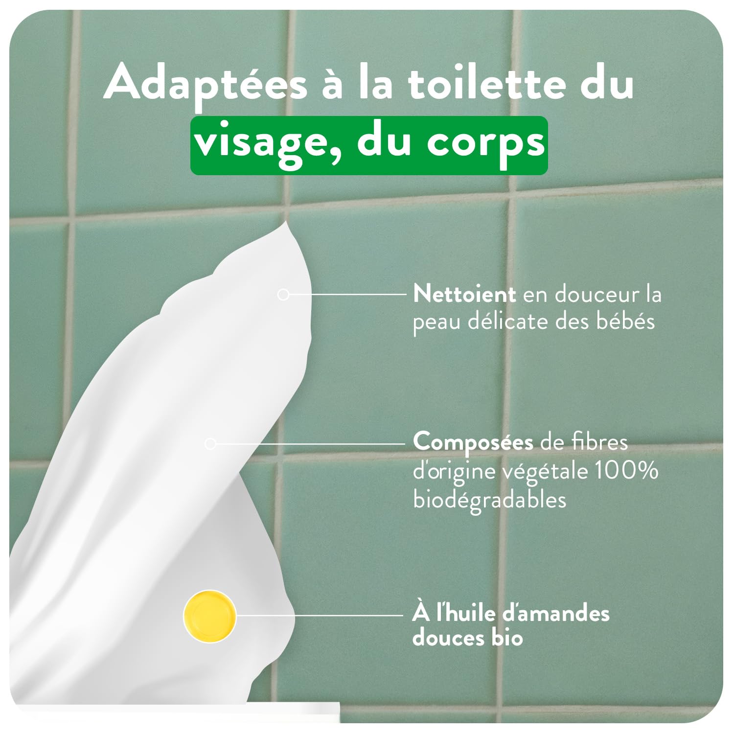 Bébé Cadum Lingettes à l'Huile d'Amande Douce Bio, Pour Visage, Corps et Mains, Hypoallergéniques, Lot de 8 x 120 Lingettes